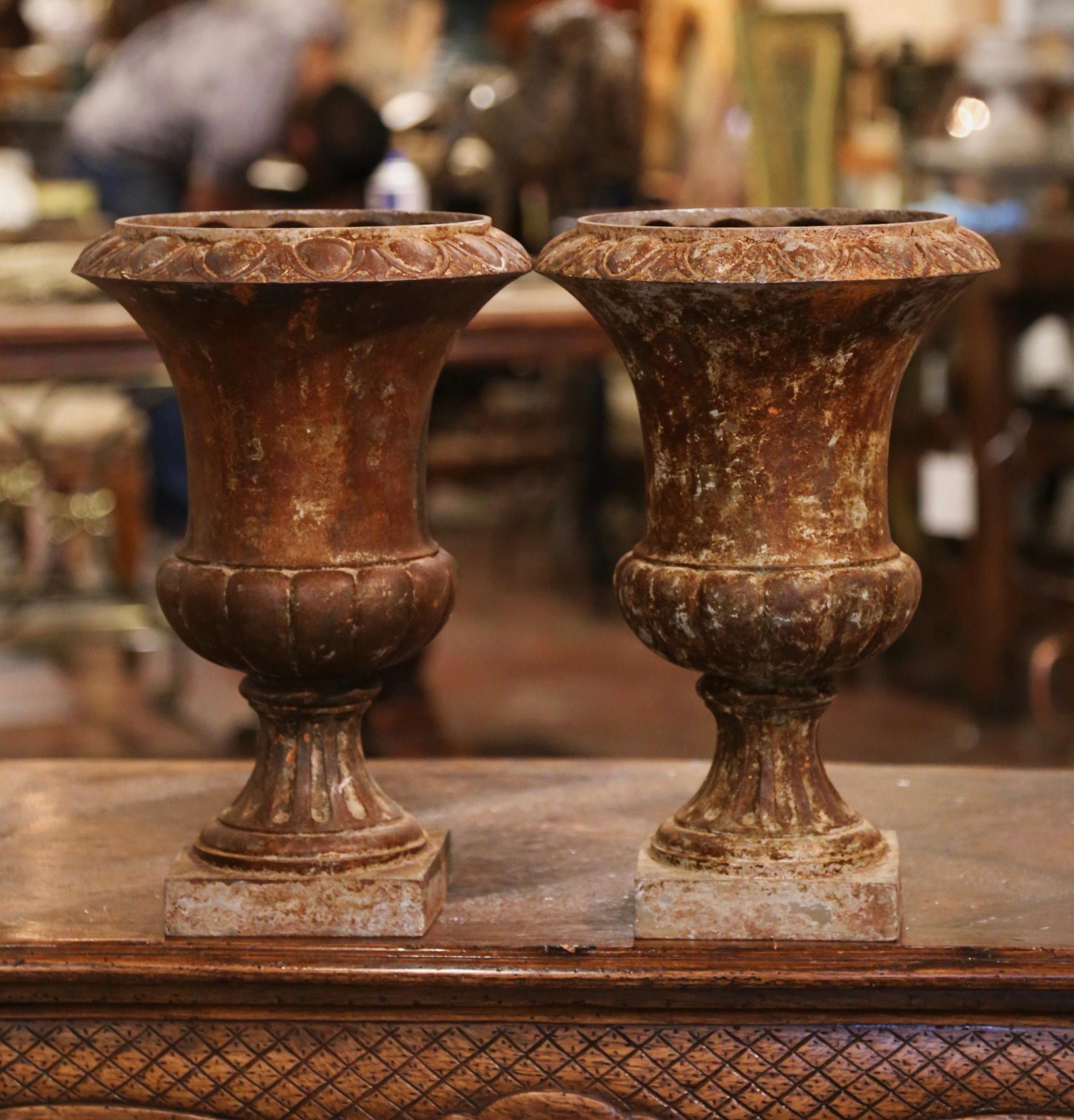 Decora un giardino o un patio con questa elegante coppia di urne antiche romane. Realizzato in Francia intorno al 1850, ogni vaso poggia su una base quadrata con piedistallo che sovrasta un corpo a forma di gadroon e termina con un'ampia bocca con