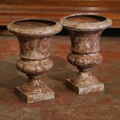 Pair of 19th Century French Cast Iron Medici Urns with Original Patina
