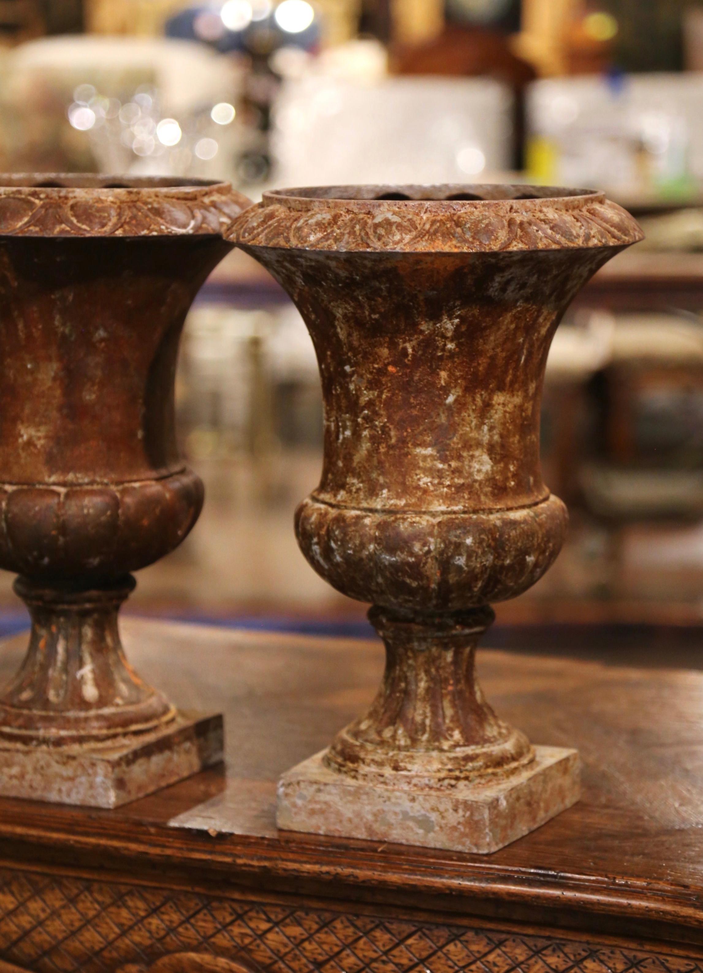 Classical Roman Pair of 19th Century French Weathered Iron Campana Form Garden Urns For Sale