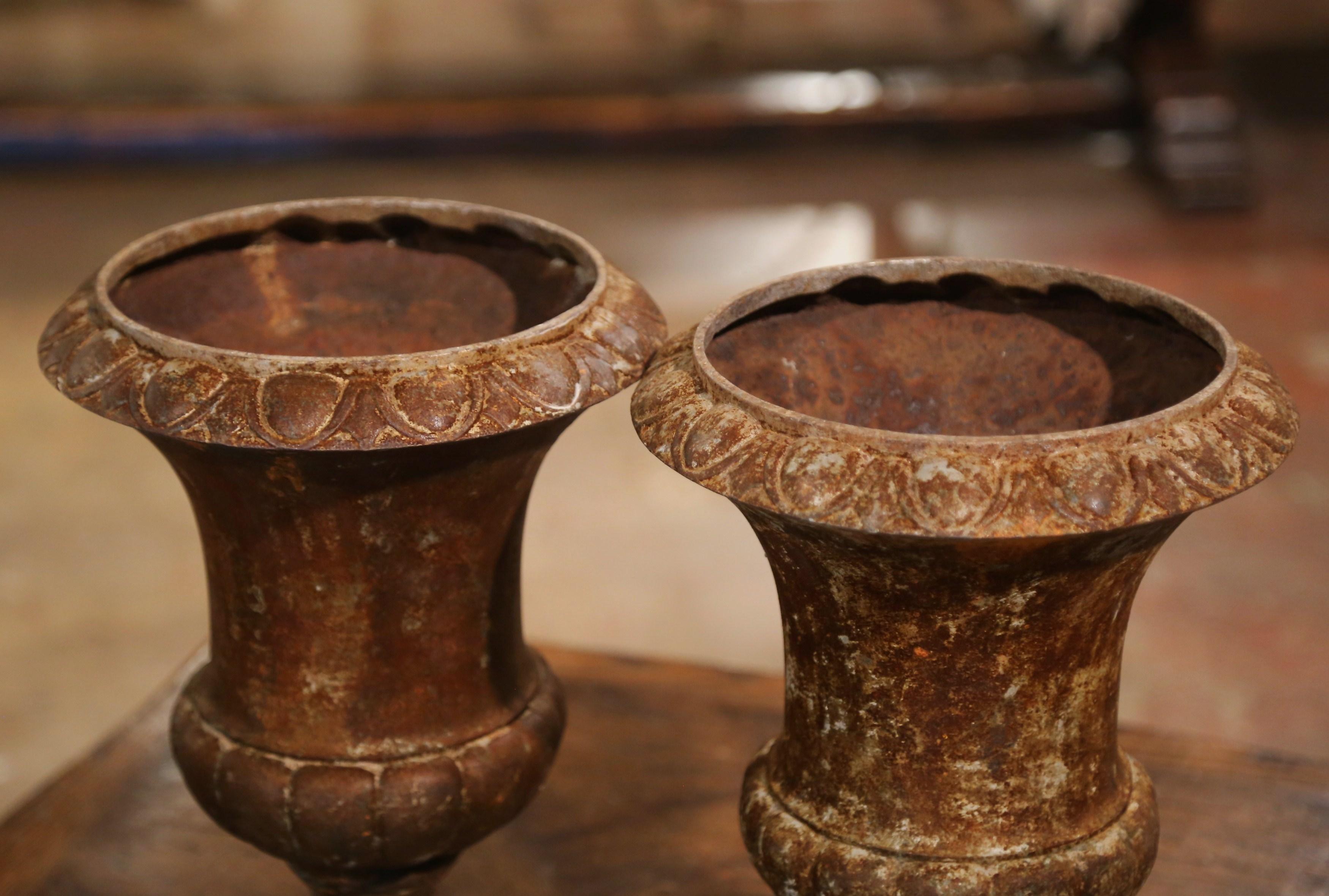 Pair of 19th Century French Weathered Iron Campana Form Garden Urns In Excellent Condition For Sale In Dallas, TX