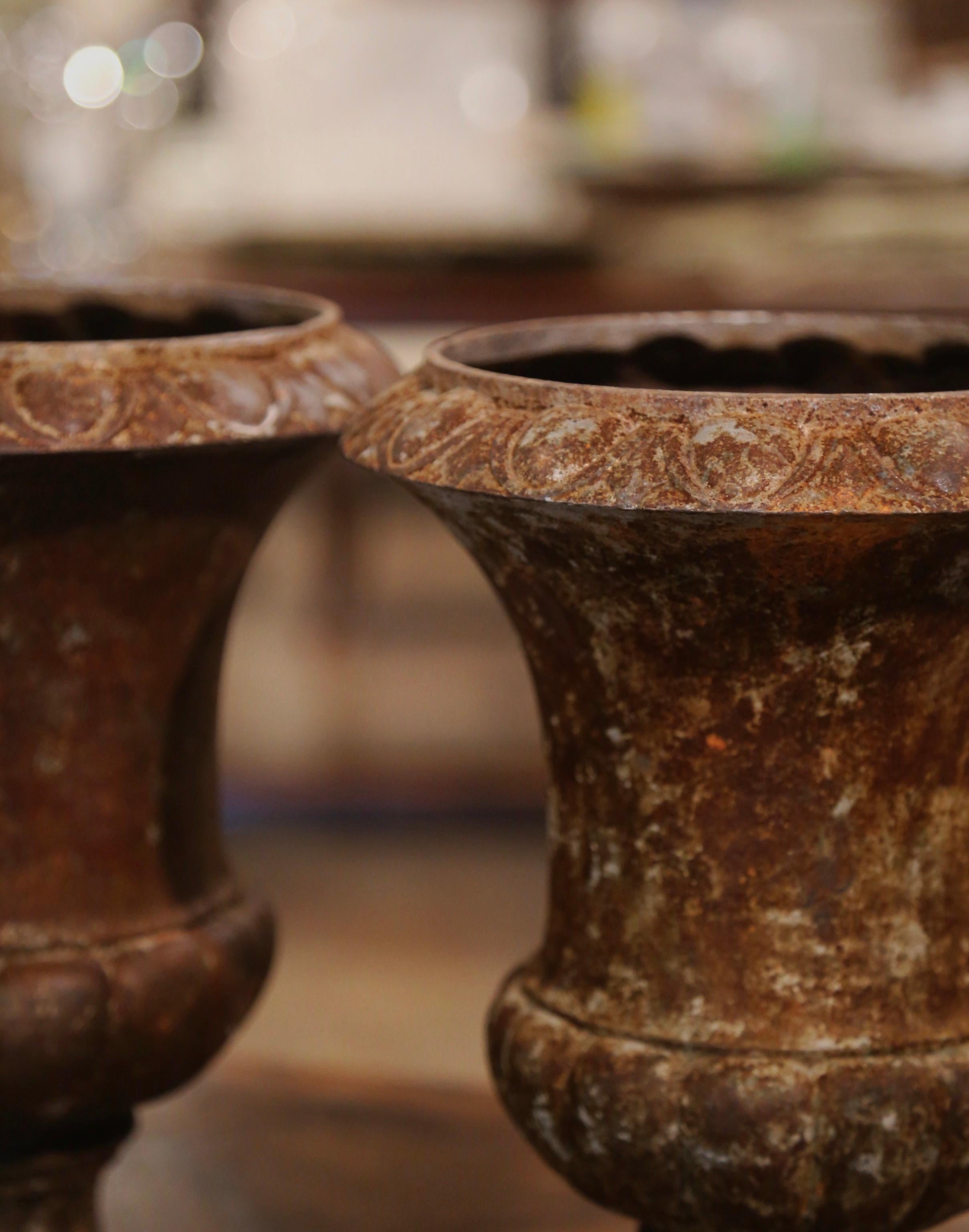 Pair of 19th Century French Weathered Iron Campana Form Garden Urns For Sale 1