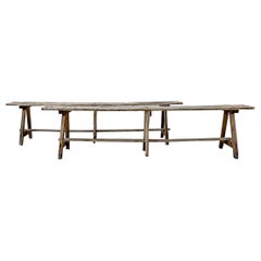 Pair of 19th Century French Weathered Trestle Base A-Frame Benches