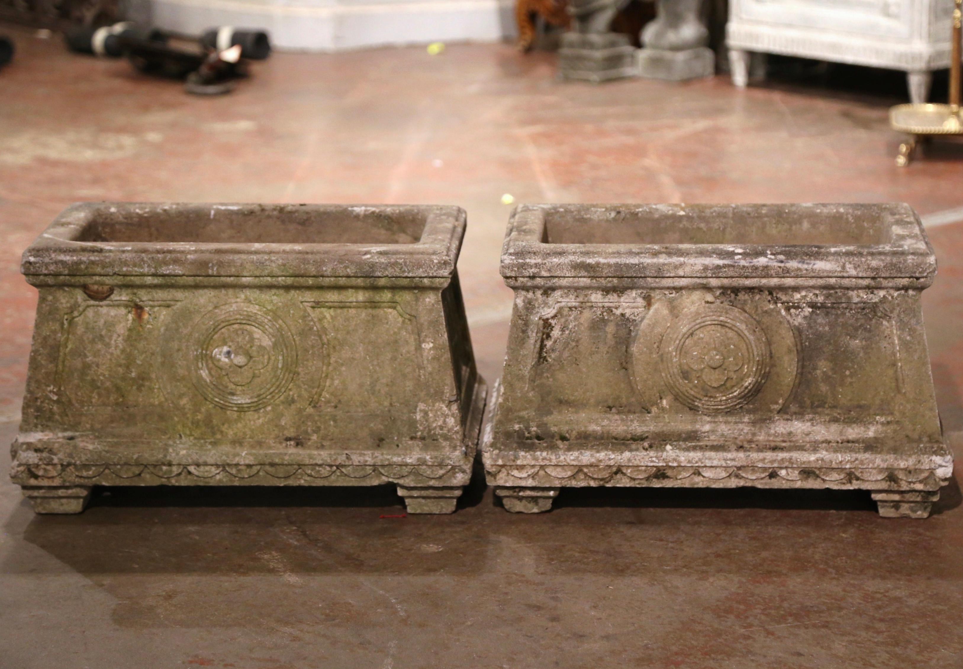 Sandstone Pair of 19th Century French Weathered Verdigris Carved Outdoor Stone Planters For Sale