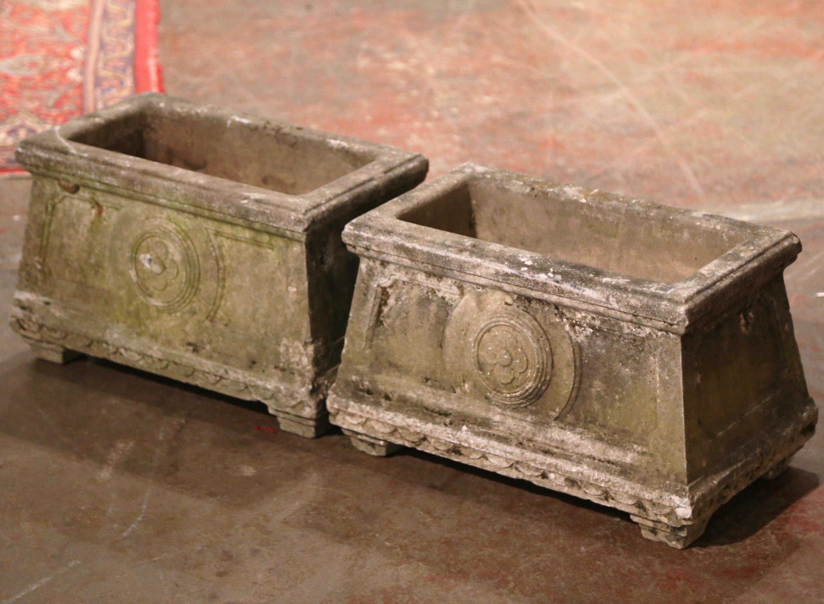 Pair of 19th Century French Weathered Verdigris Carved Outdoor Stone Planters For Sale 1