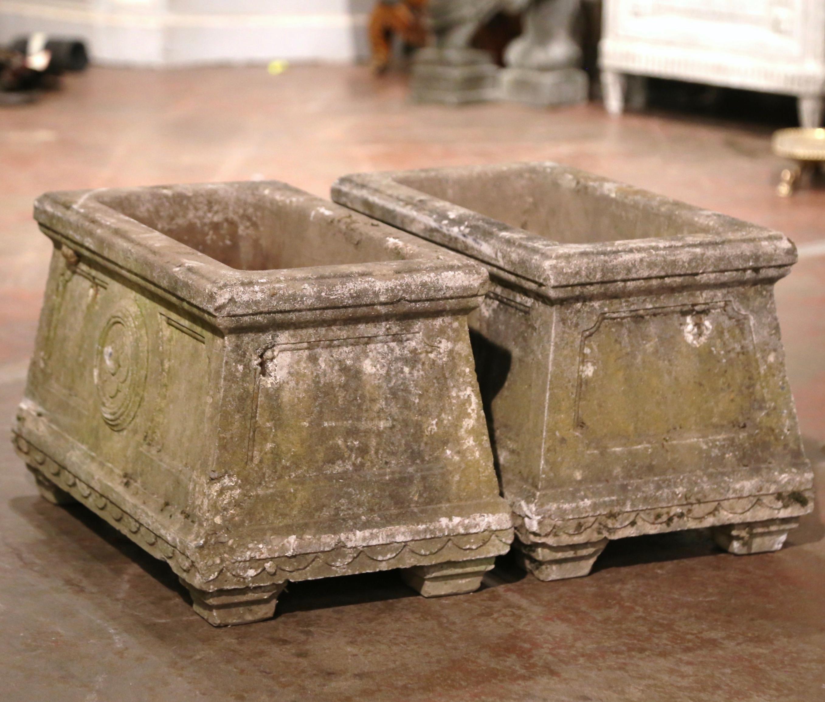 Pair of 19th Century French Weathered Verdigris Carved Outdoor Stone Planters For Sale 4