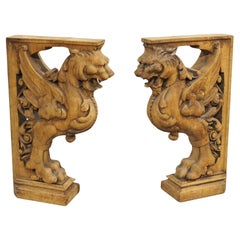 Pair of 19th Century French Winged Lion Supports in Carved Oak