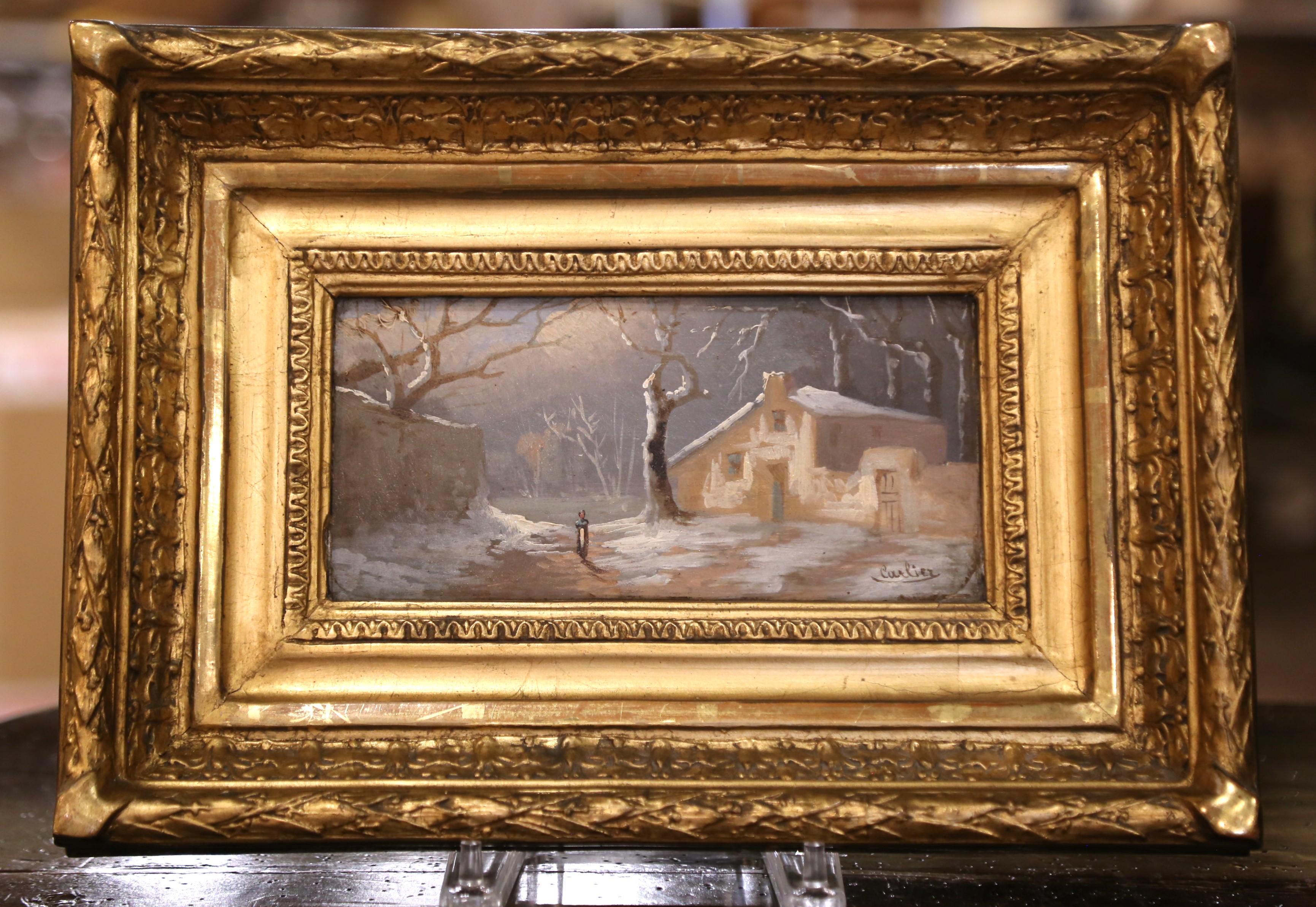 Coppia di paesaggi invernali francesi del XIX secolo firmati Carlier in cornici di legno dorato In condizioni ottime in vendita a Dallas, TX