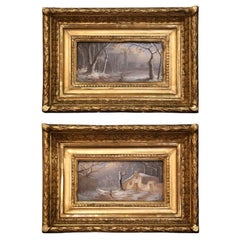 Paire de paysages d'hiver français du XIXe siècle signés Carlier dans des cadres en bois doré