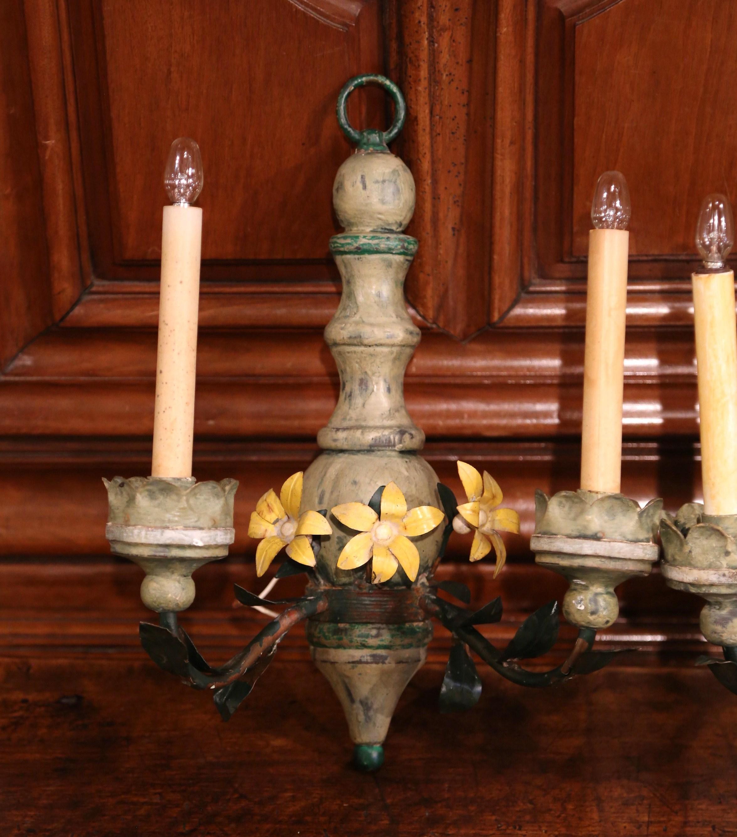 Hand-Painted Pair of 19th Century French Wood and Metal Painted Two-Light Sconces