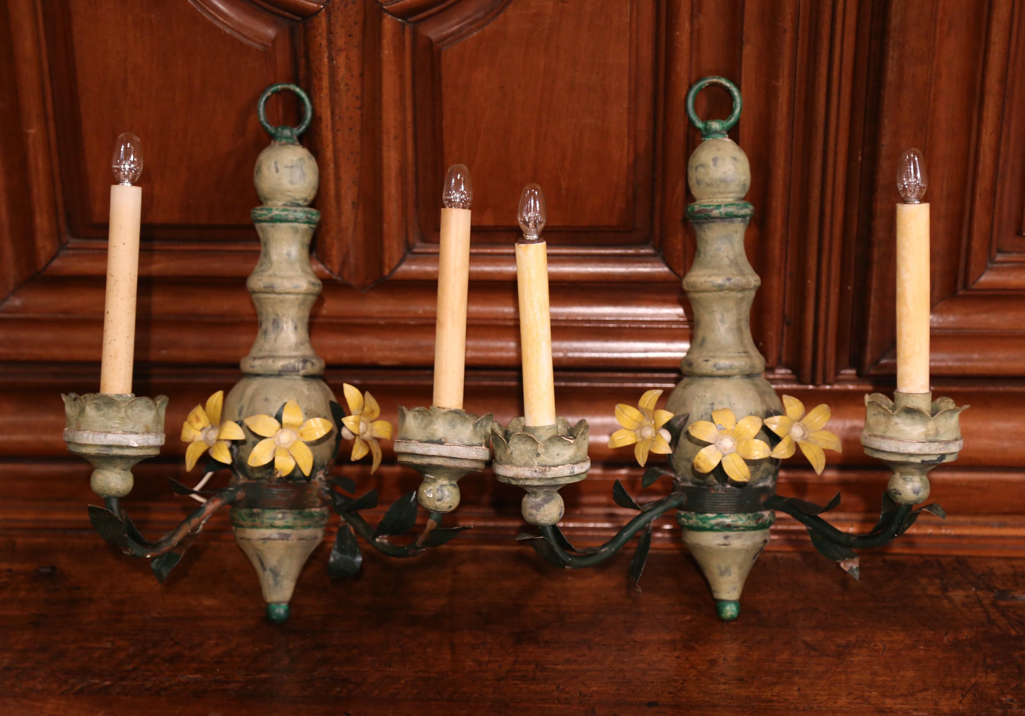 Pair of 19th Century French Wood and Metal Painted Two-Light Sconces 1