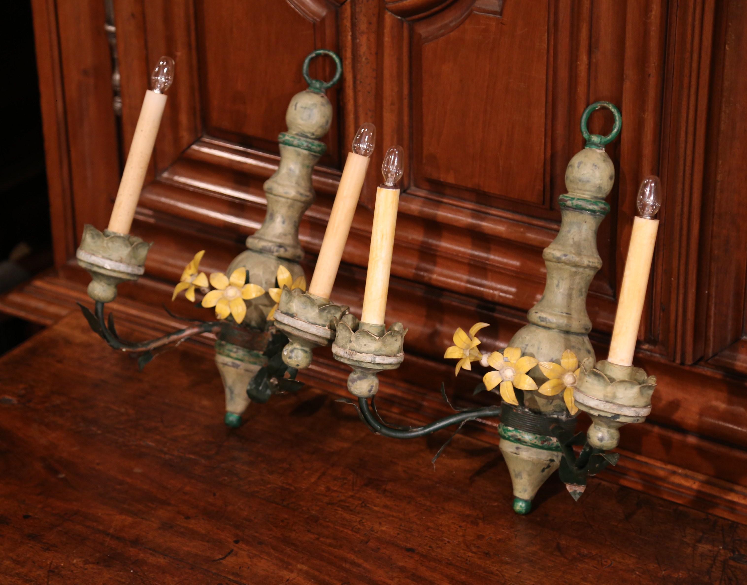 Pair of 19th Century French Wood and Metal Painted Two-Light Sconces 2