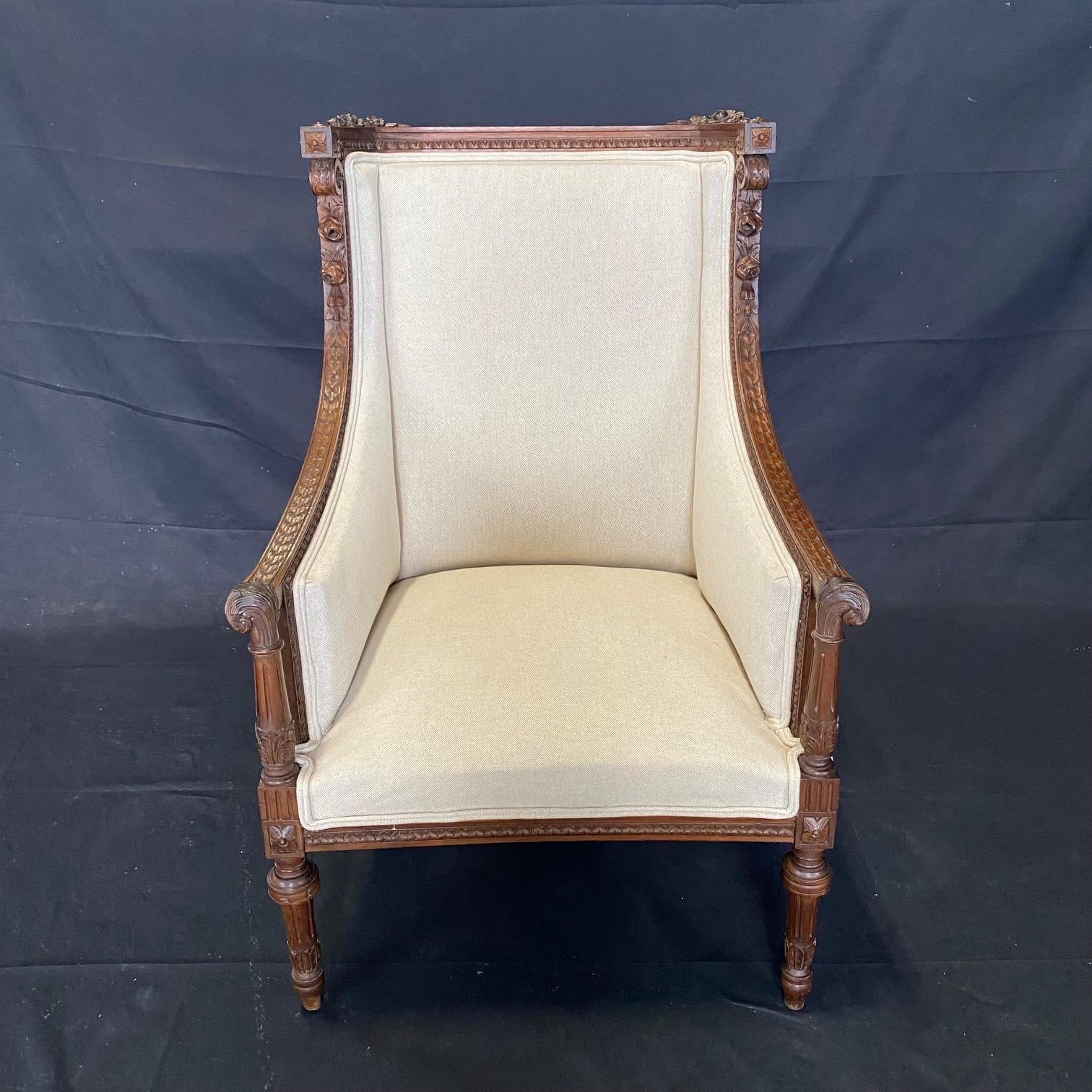 Pair of 19th Century French Wood Fauteuil Louis XVI Armchairs or Wing Chairs In Good Condition In Hopewell, NJ
