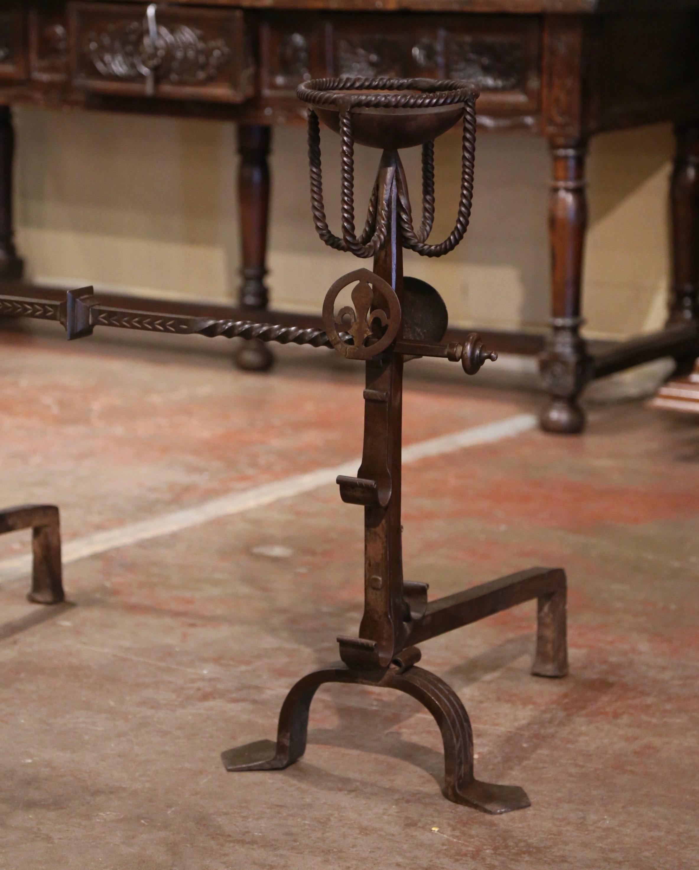 Gothic Pair of 19th Century French Wrought Iron “Landiers” Andirons with Fleur de Lys For Sale