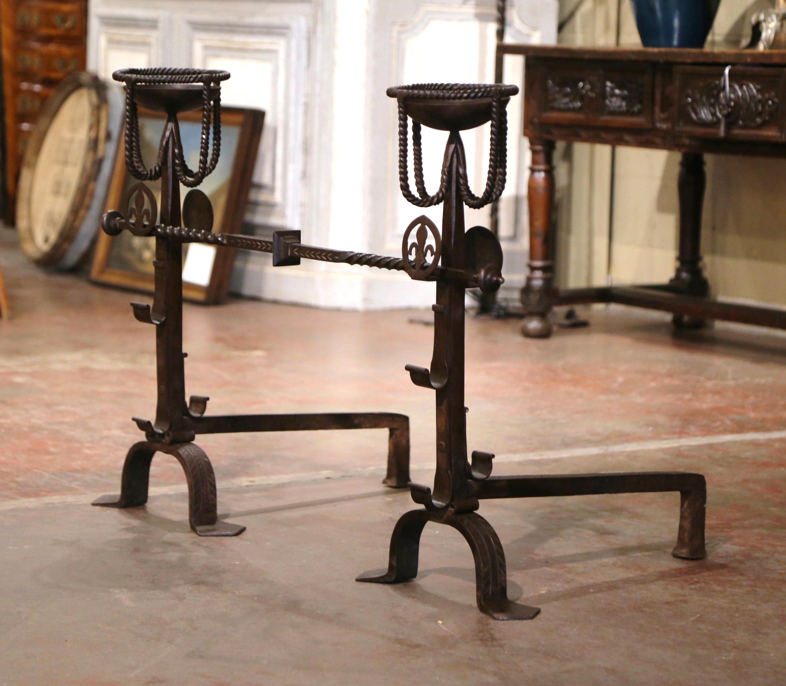 Pair of 19th Century French Wrought Iron “Landiers” Andirons with Fleur de Lys For Sale 1