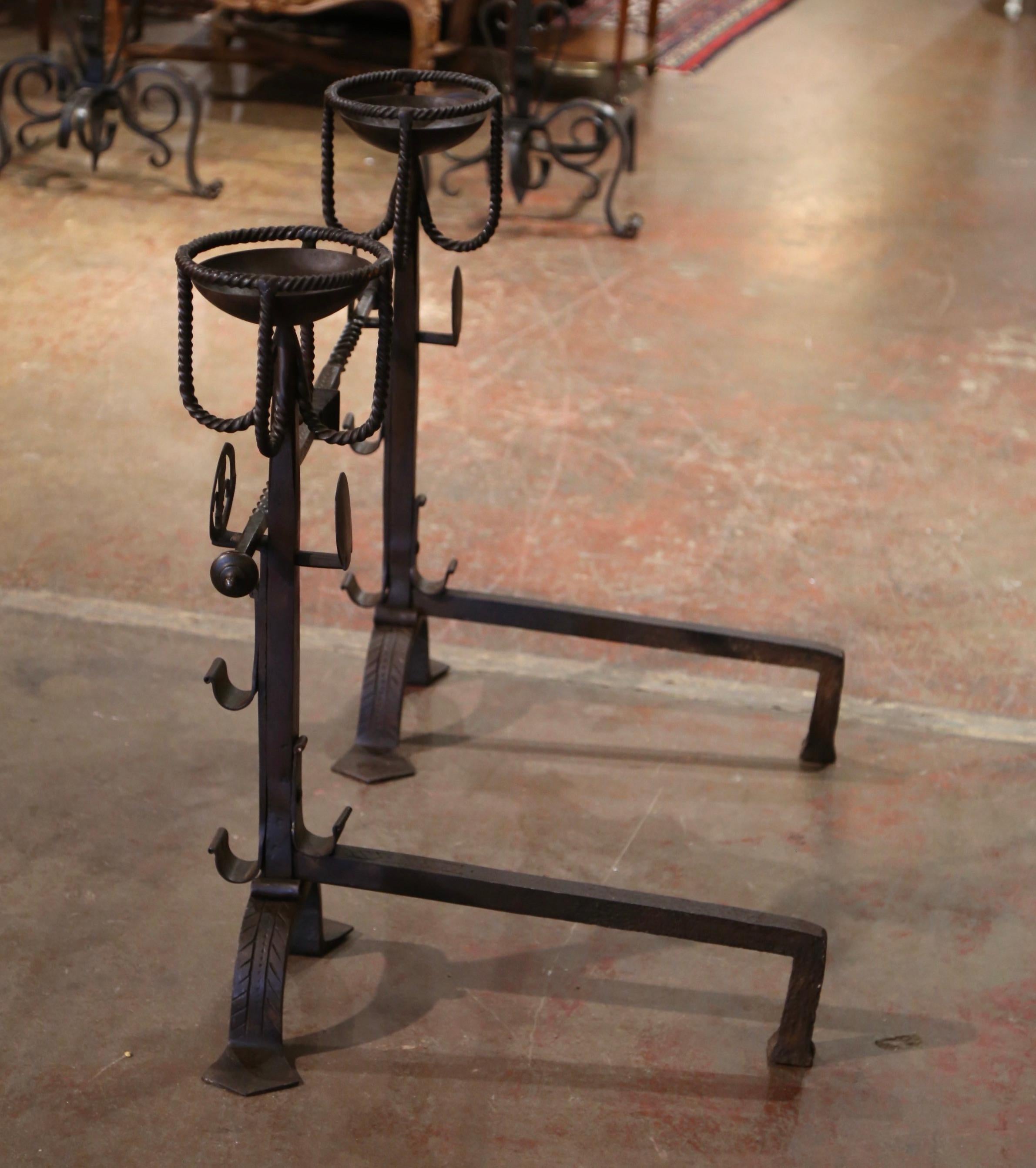 Pair of 19th Century French Wrought Iron “Landiers” Andirons with Fleur de Lys For Sale 2