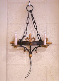 Pair of 19th Century French Wrought Iron Sconces with Gilt Fleur-de-Lys Decor