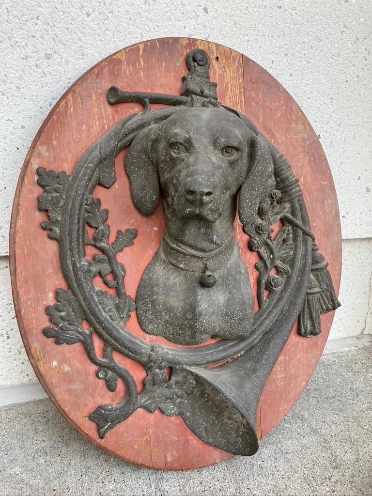 Pair of 19th Century French Zinc and Painted Wood Hunting Dog Trophy Plaques 3