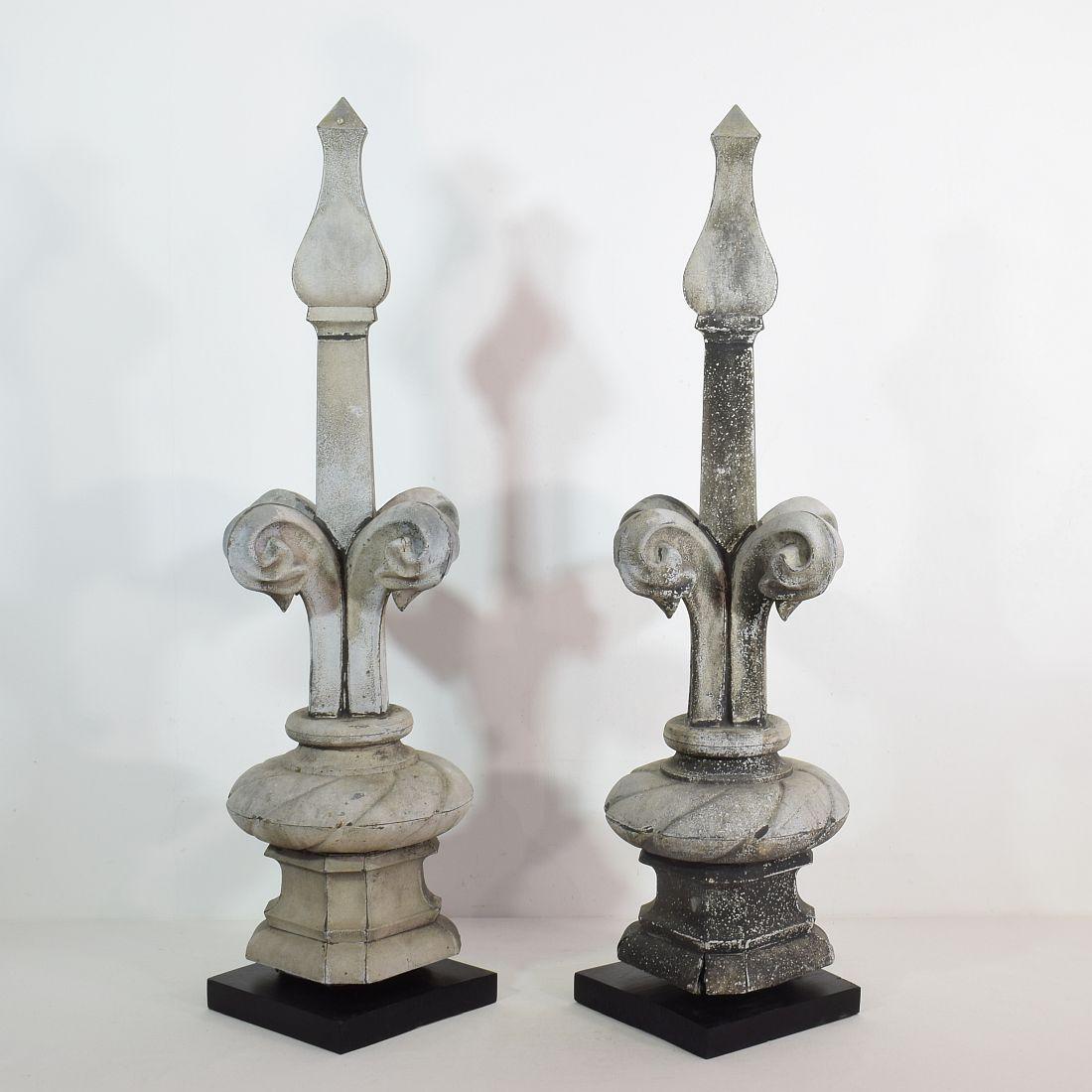 Exceptional pair of large zinc finials in neo gothic style. 
France 19th century. Weathered, small losses and old repairs. 
Measurement individual including the pedestal.