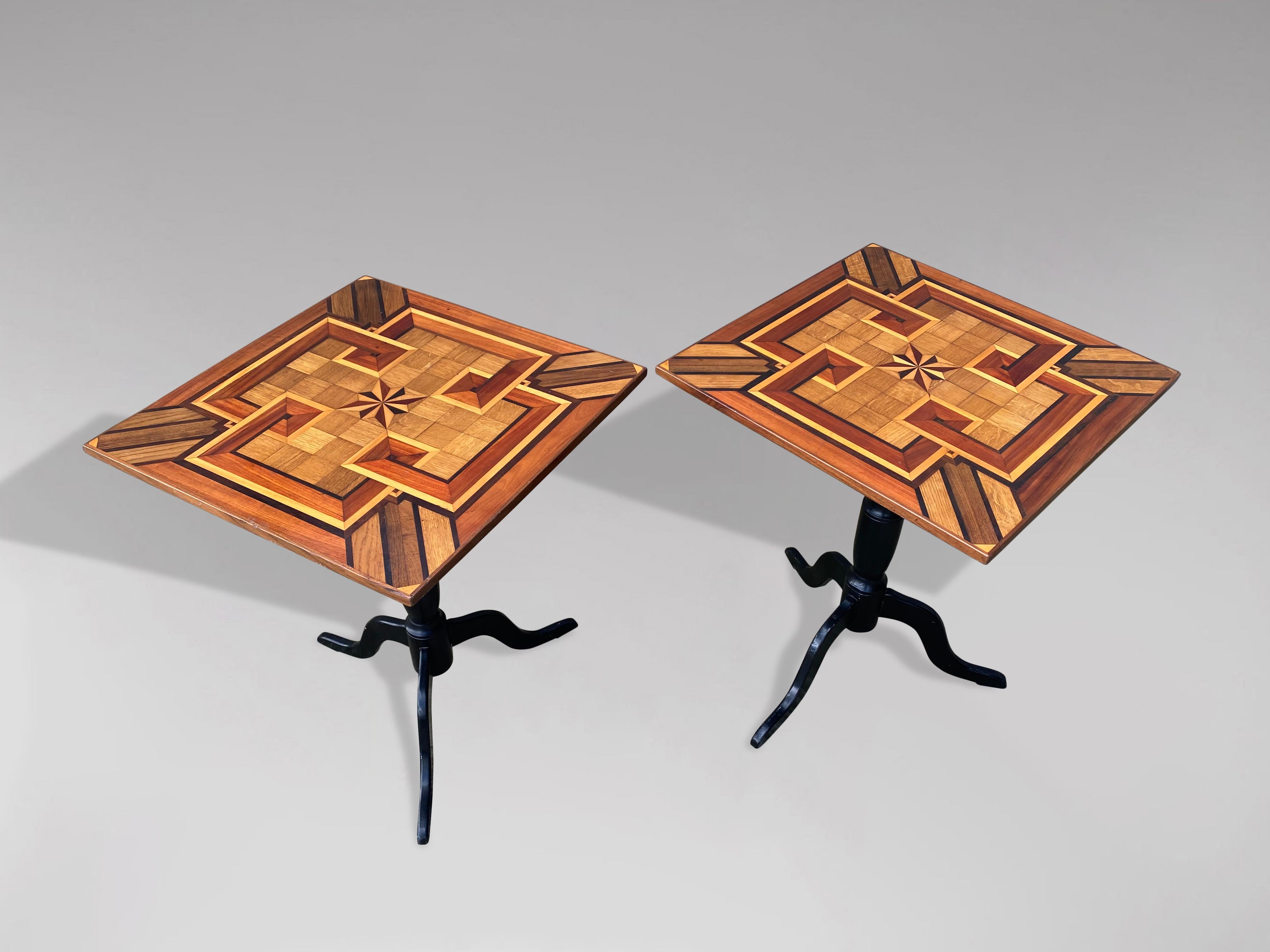 Hand-Crafted Pair of 19th Century Geometric Inlay & Marquetry Side Tables For Sale
