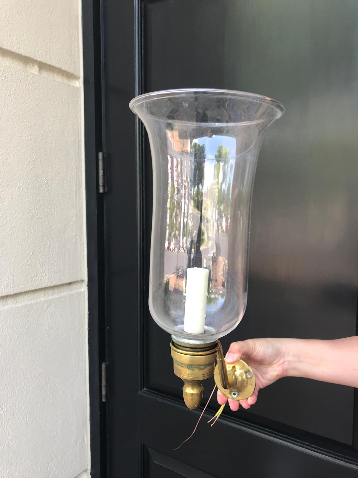 Pair of 19th Century George II Style Brass or Glass Hurricane Shade Sconces In Good Condition In Atlanta, GA