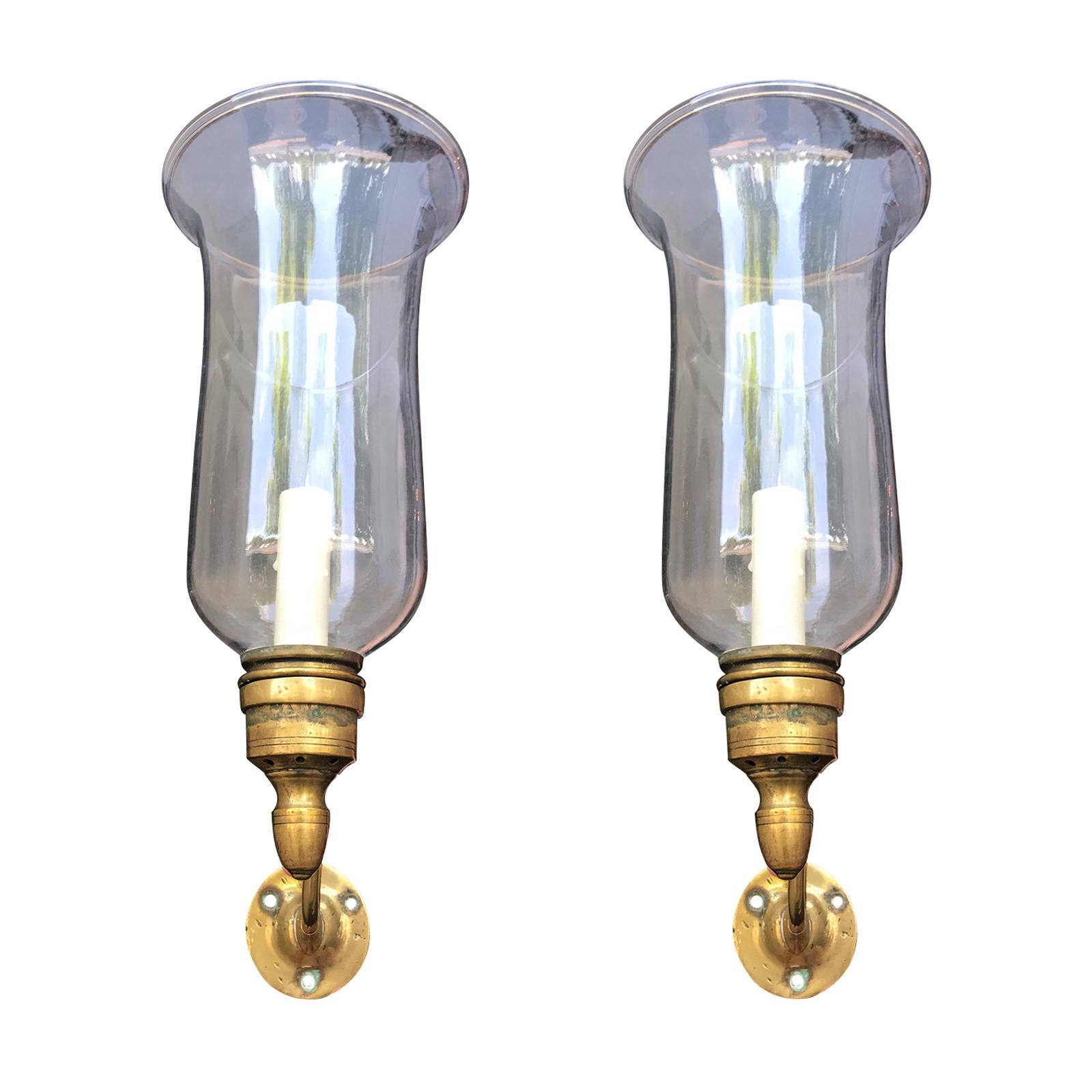 Pair of 19th Century George II Style Brass or Glass Hurricane Shade Sconces