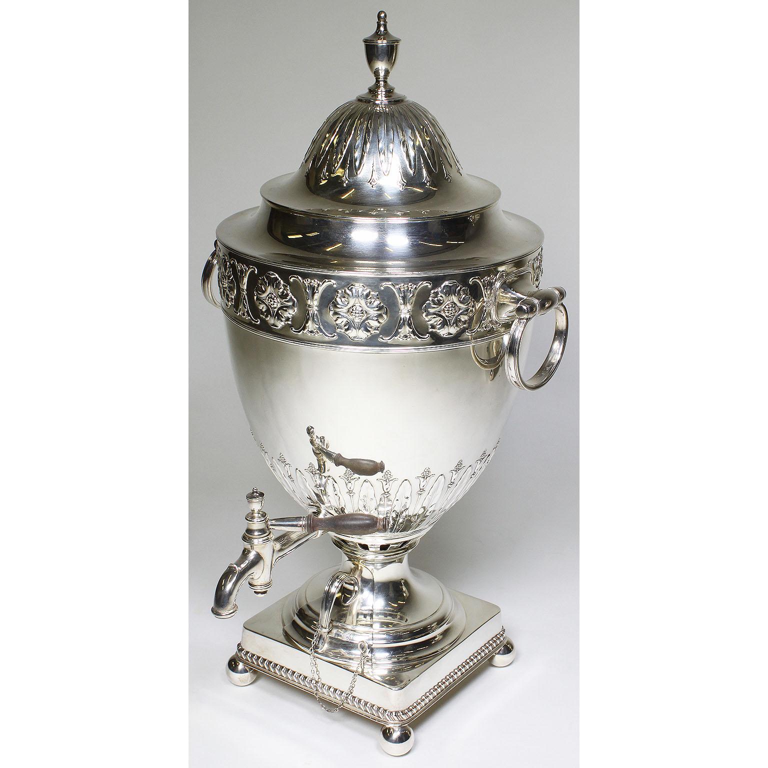 Embossed Pair of 19th Century George III Style Plated Hot Water Samovars, Elkington For Sale