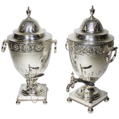 Pair of Early 20th Century George III Style Plated Hot Water Samovars, Elkington