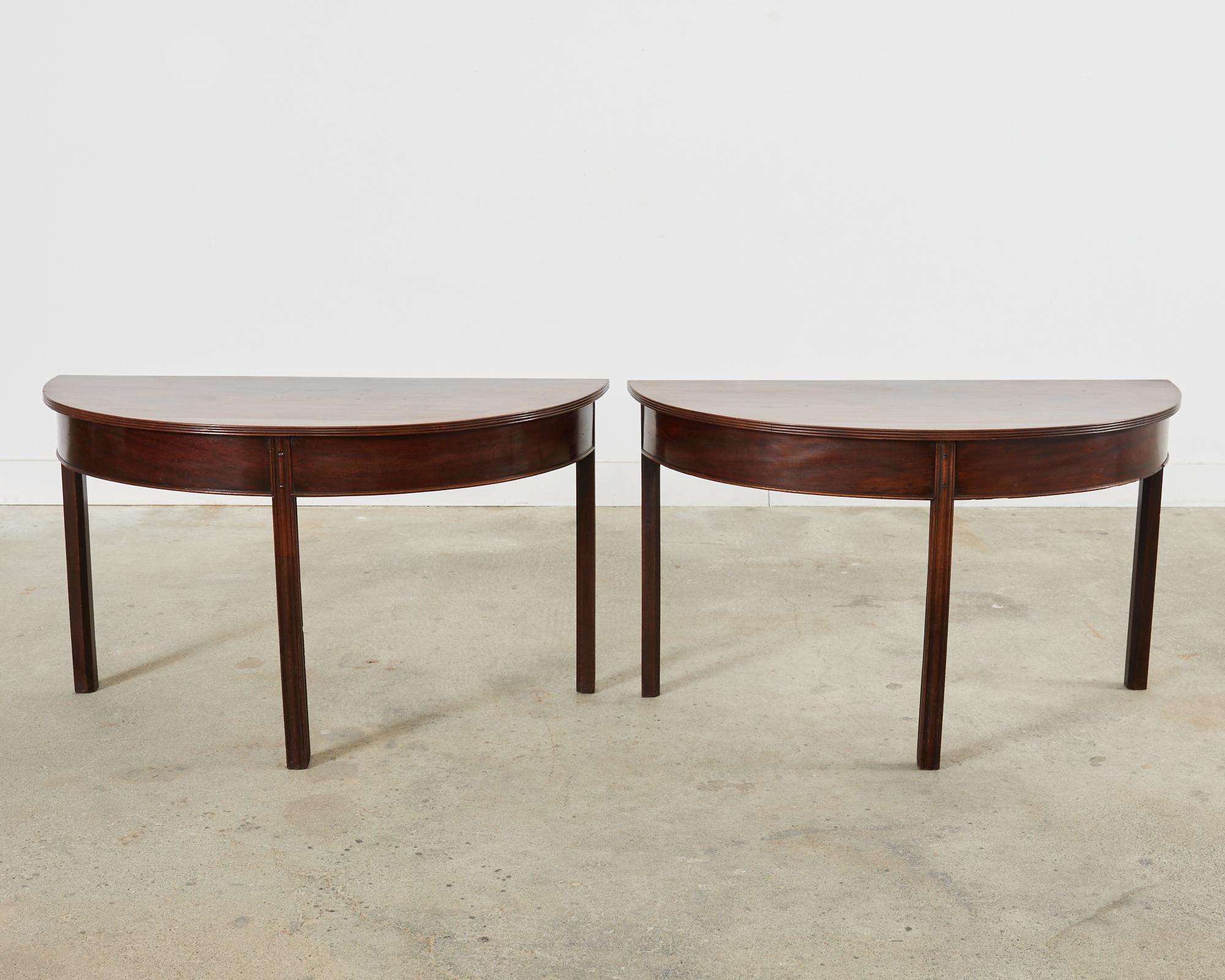 George III Pair of 19th Century Georgian Mahogany Demilune Console Tables For Sale