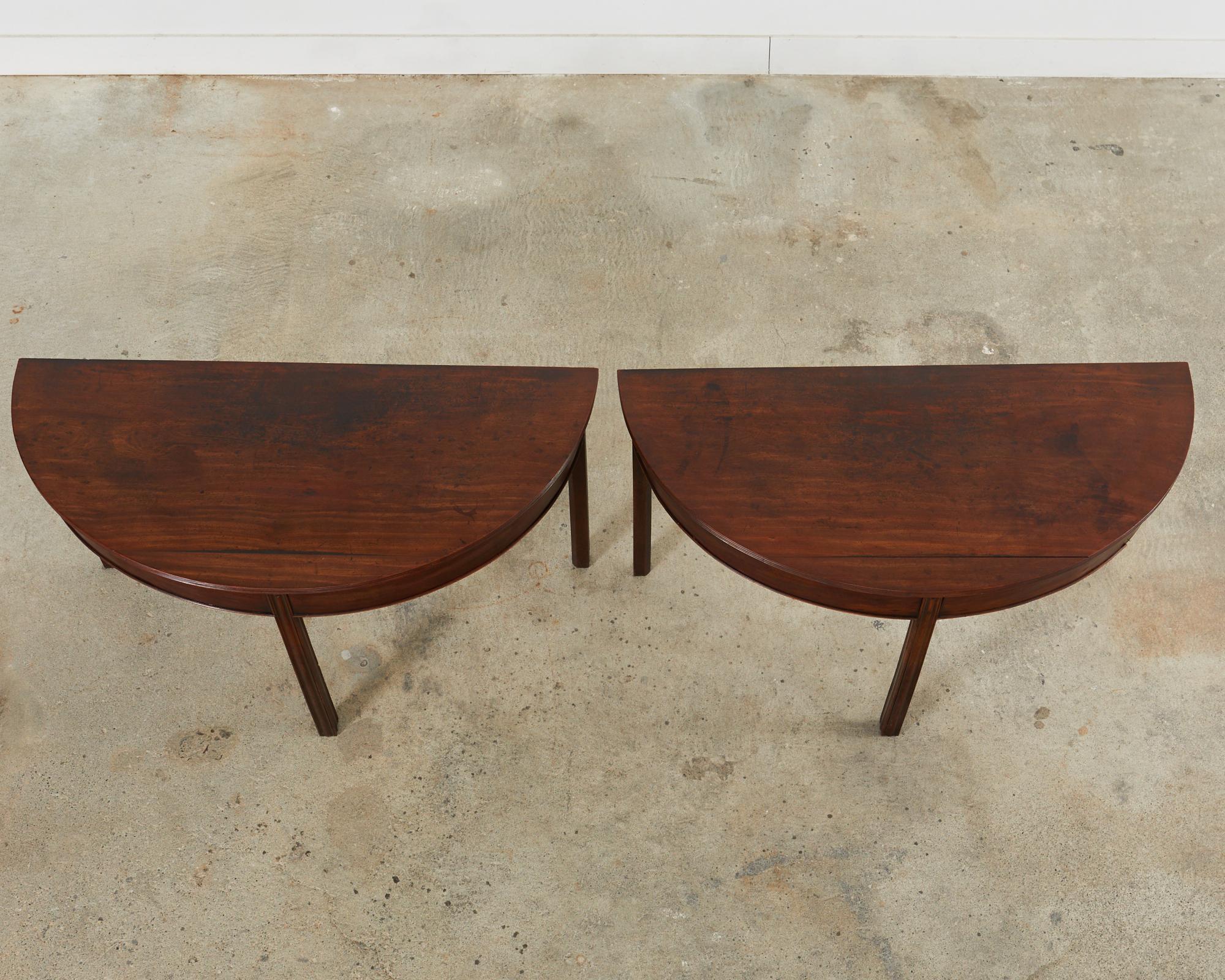 English Pair of 19th Century Georgian Mahogany Demilune Console Tables For Sale