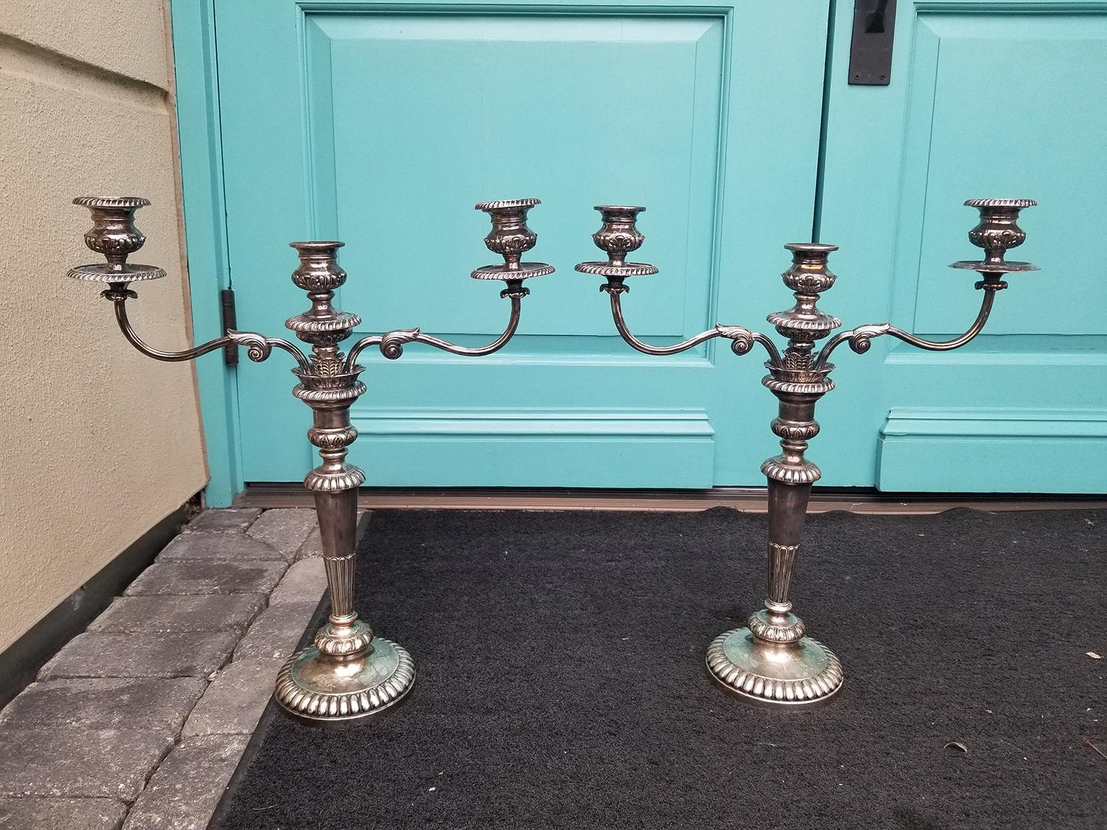 Sheffield Plate Pair of 19th Century Georgian Style Sheffield Candelabras, Family Crest Marking For Sale