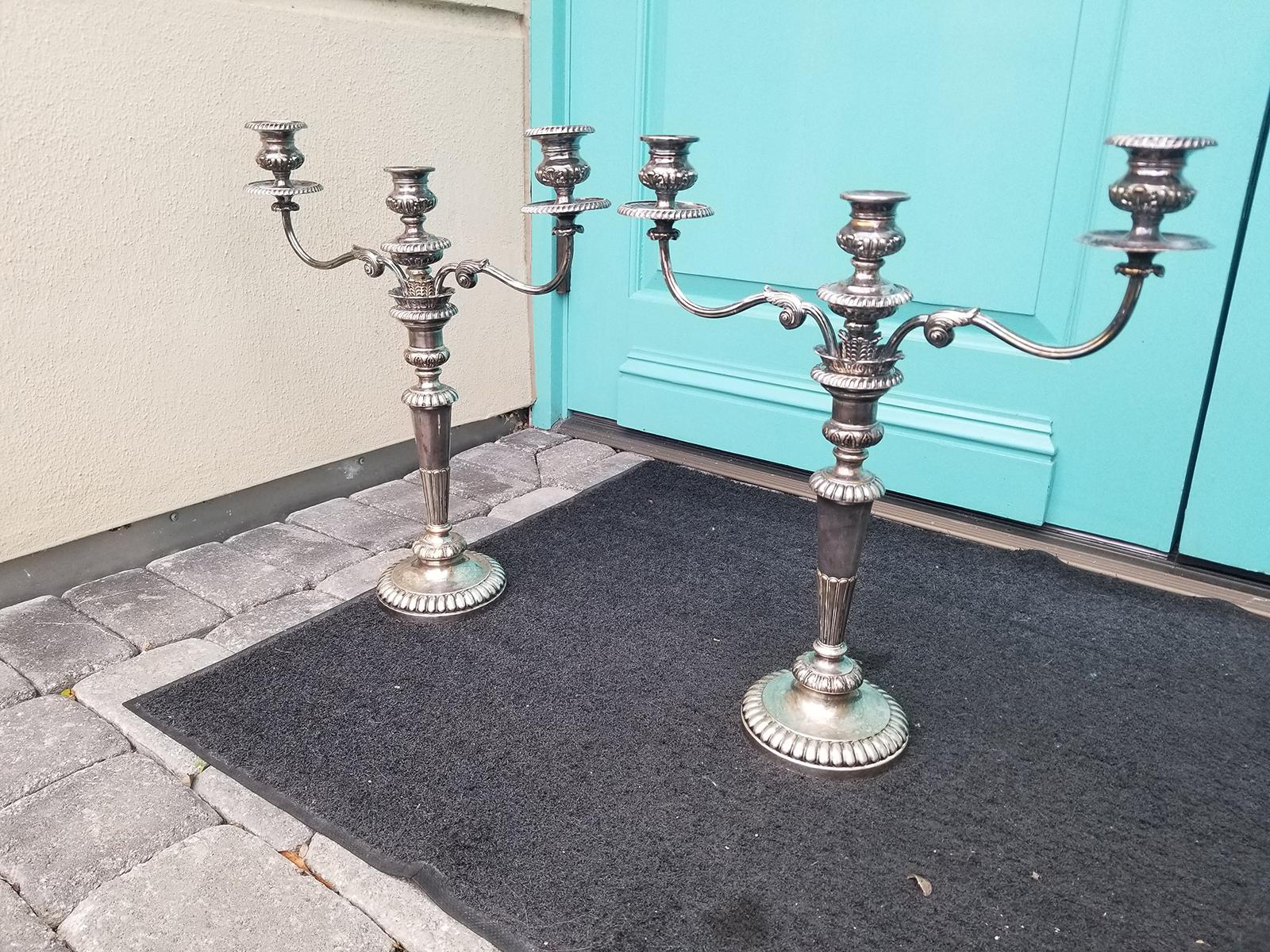 Pair of 19th Century Georgian Style Sheffield Candelabras, Family Crest Marking For Sale 1
