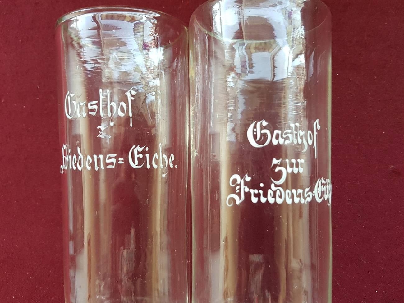 Set of two rare antique German handmade beer glasses with enameled text 