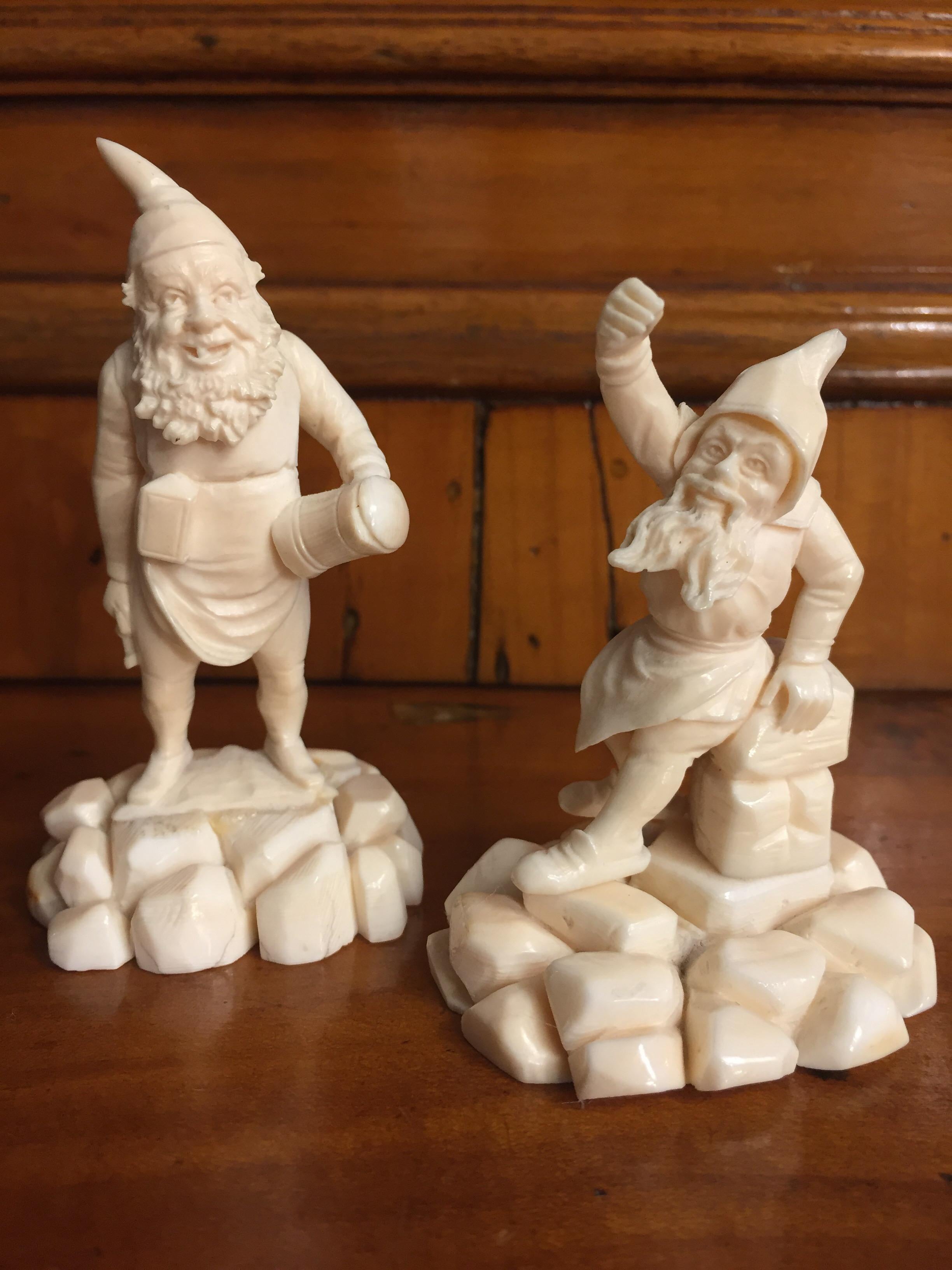 Pair of 19th Century German Gnomes Hand Carved Bone Gnome Figures For Sale 6