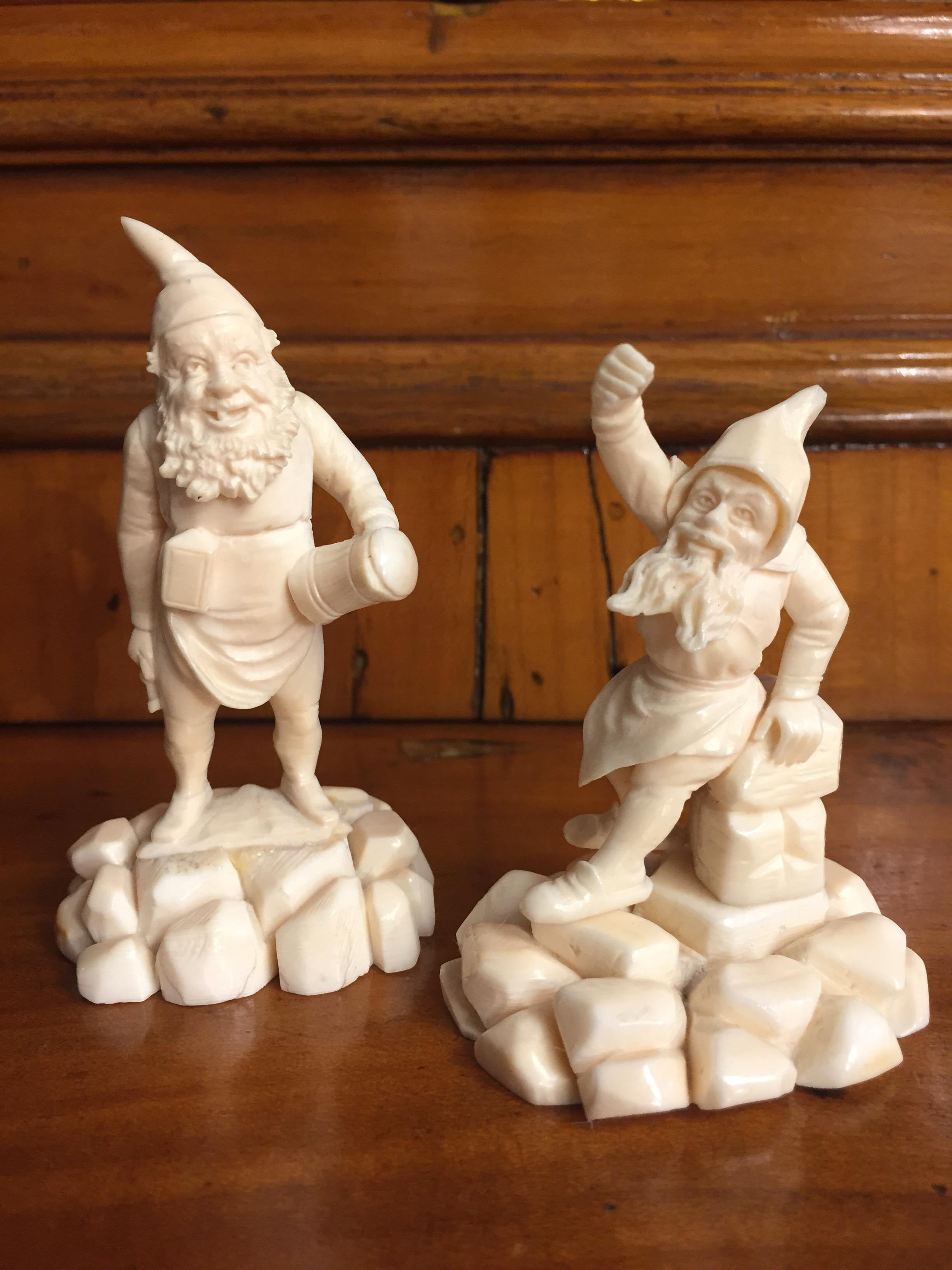 Pair of 19th Century German Gnomes Hand Carved Bone Gnome Figures For Sale 11