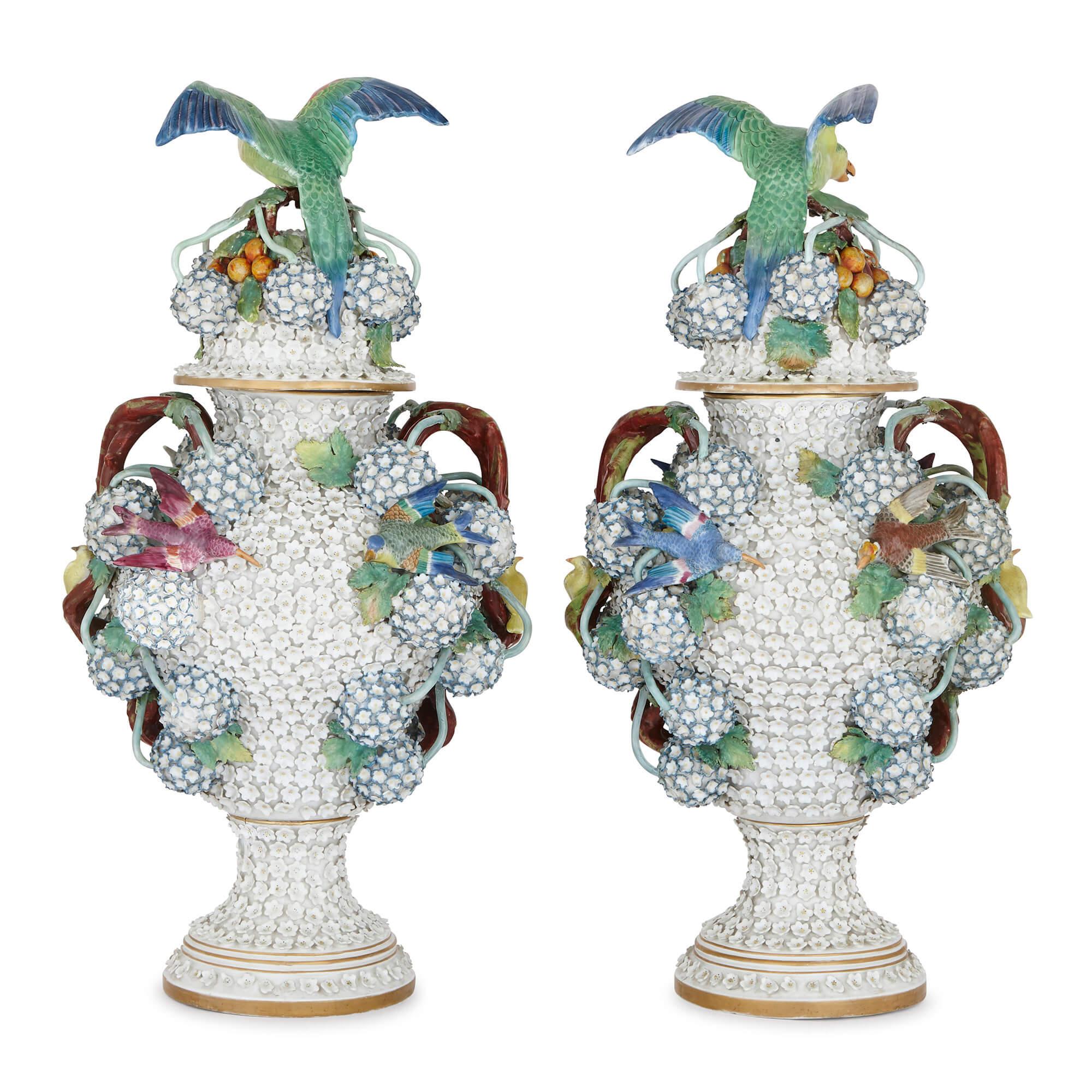 These exceptionally detailed vases are known as 'Schneeballen' vases, after the style of porcelain decoration pioneered by the celebrated Meissen artist Johann Joachim Kaendler in the 18th Century. Schneeballen translates as 'snowball', and refers