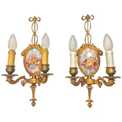 Pair of 19th Century Gilded Bronze Porcelain Italian Sconces Antique Pair of 19th Century Gilded Bronze Porcelain Italian Sconces