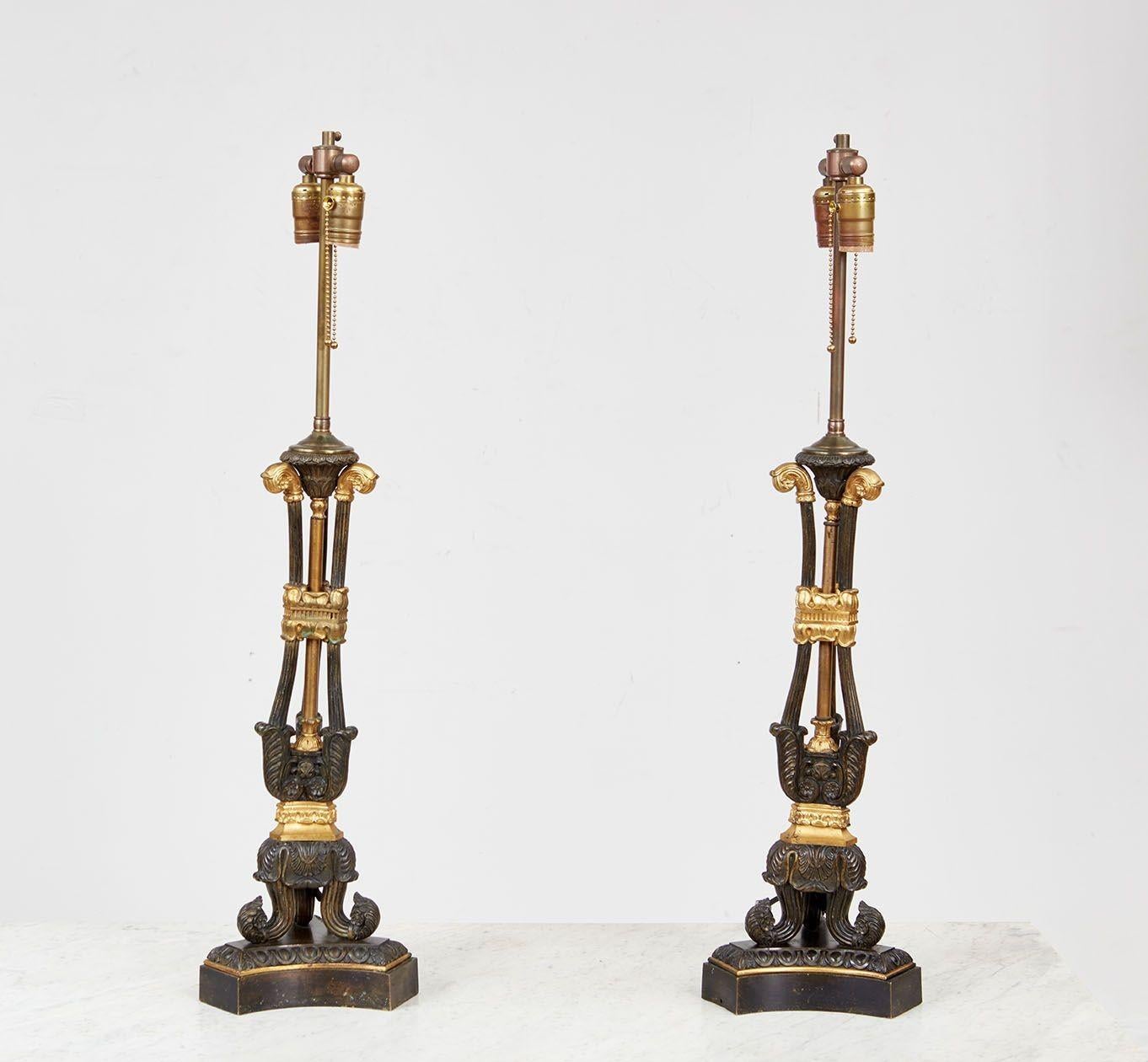 Paire de lampes en bronze patiné et doré du 19e siècle Bon état - En vente à Greenwich, CT