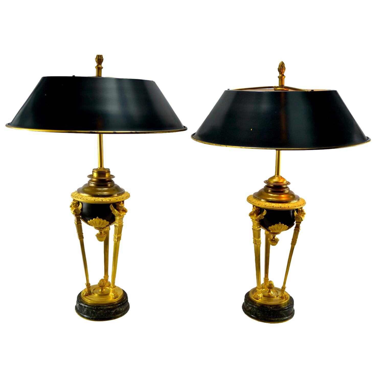 Pair of 19th Century Gilt and Patinated Bronze Pompeian Empire Style Lamps