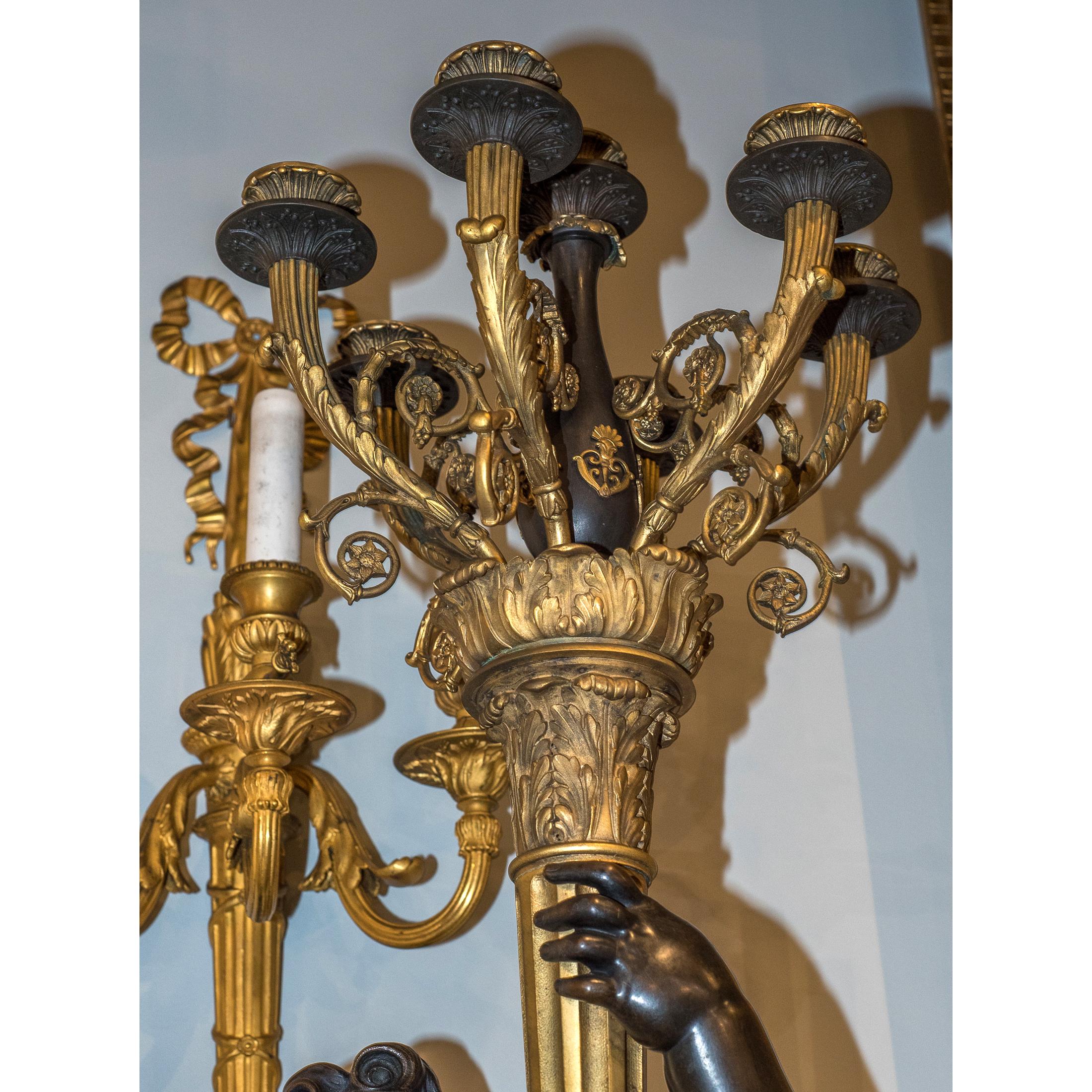 Pair of Gilt and Patinated Bronze Putti Torchères and Marble Pedestals For Sale 1