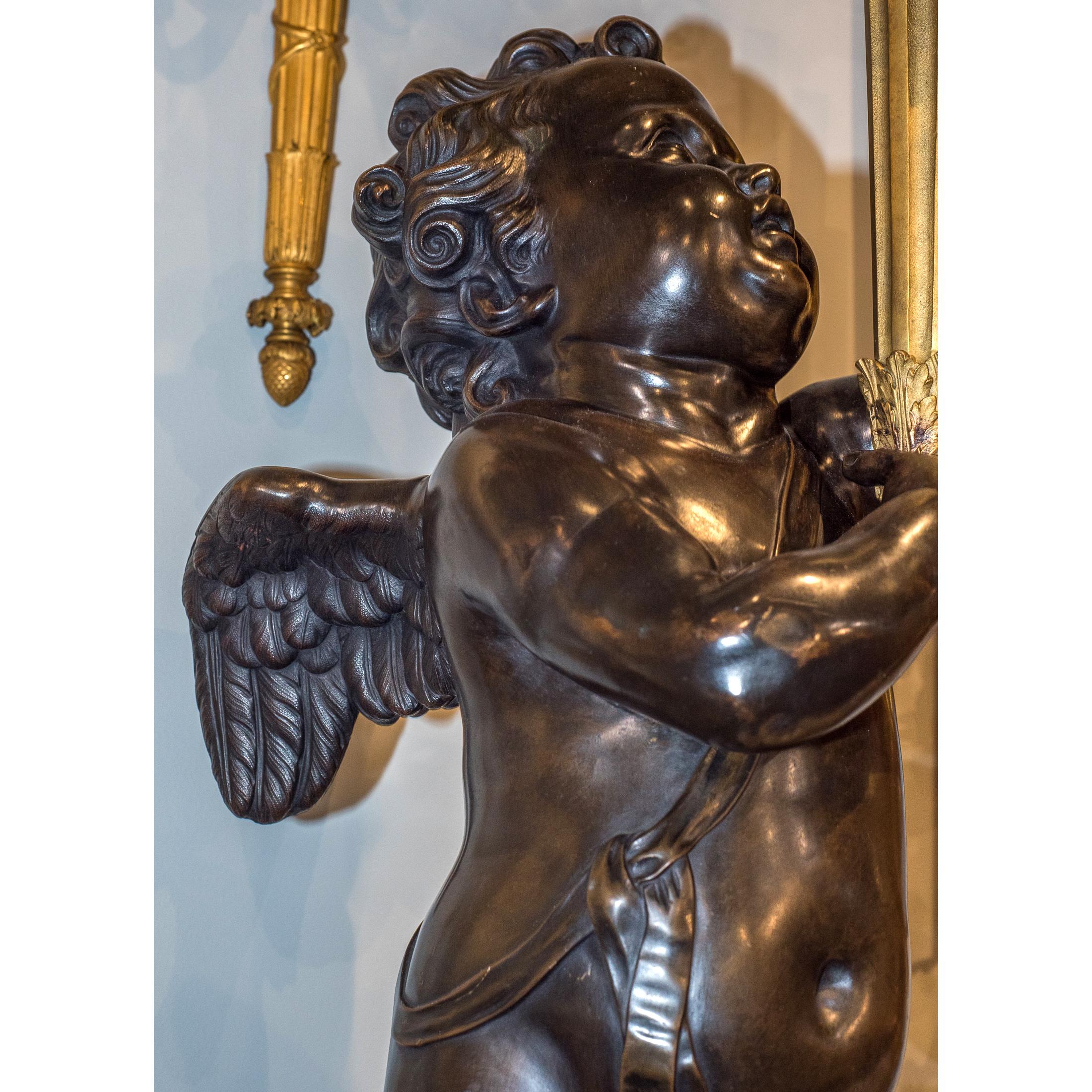 Pair of Gilt and Patinated Bronze Putti Torchères and Marble Pedestals For Sale 3