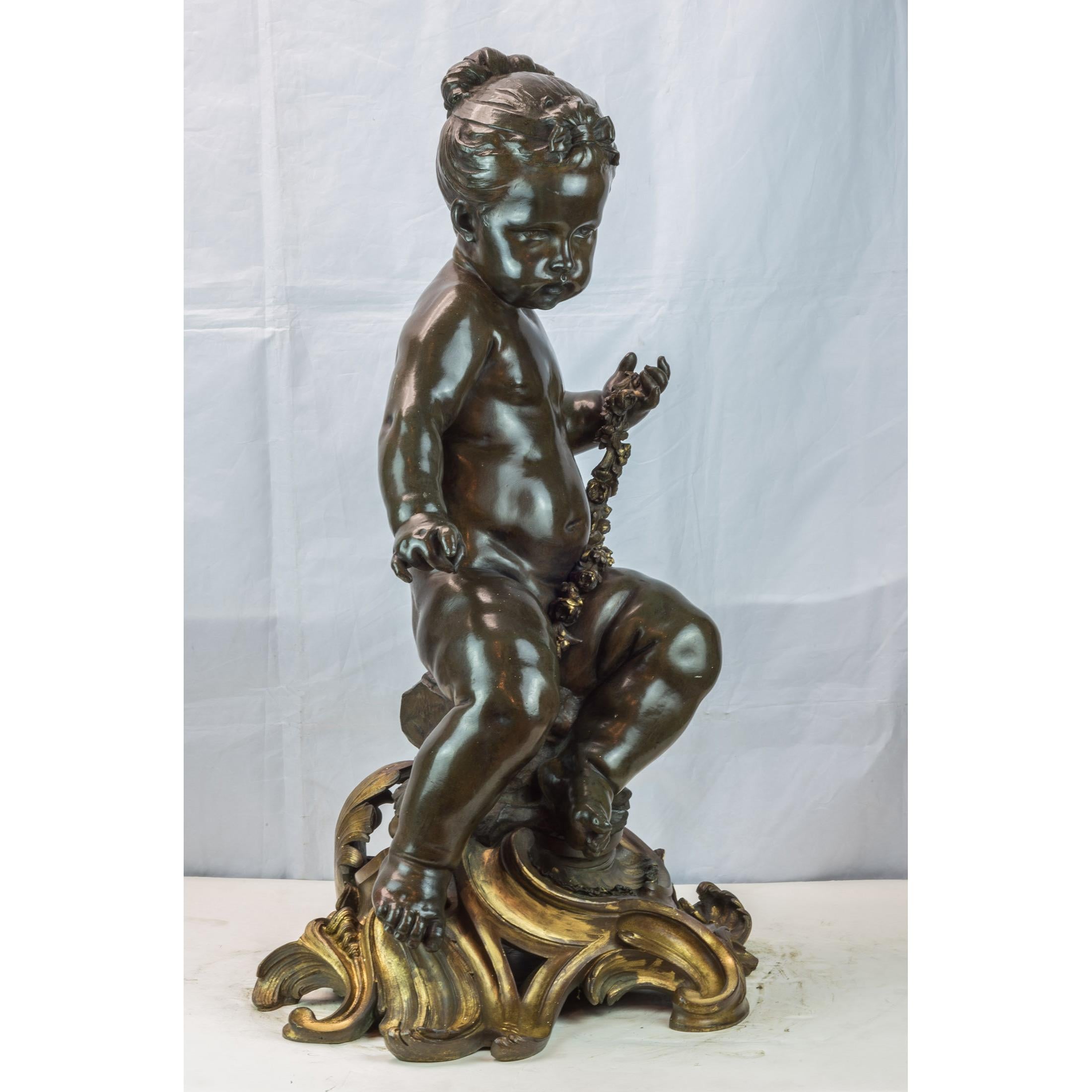 Monumental Pair of 19th Century Gilt and Patinated Bronze Sculptures of Putti For Sale 1