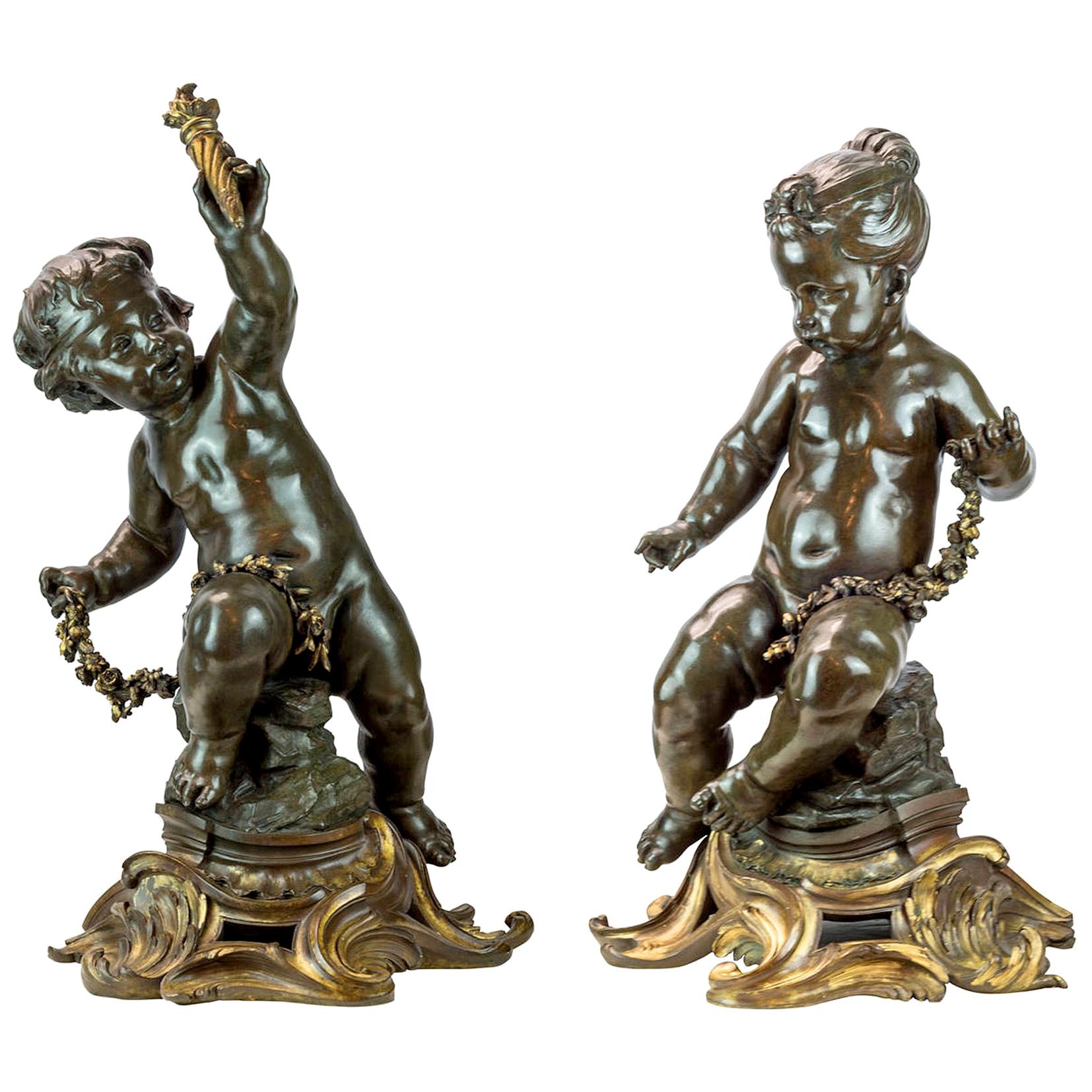 Monumental Pair of 19th Century Gilt and Patinated Bronze Sculptures of Putti