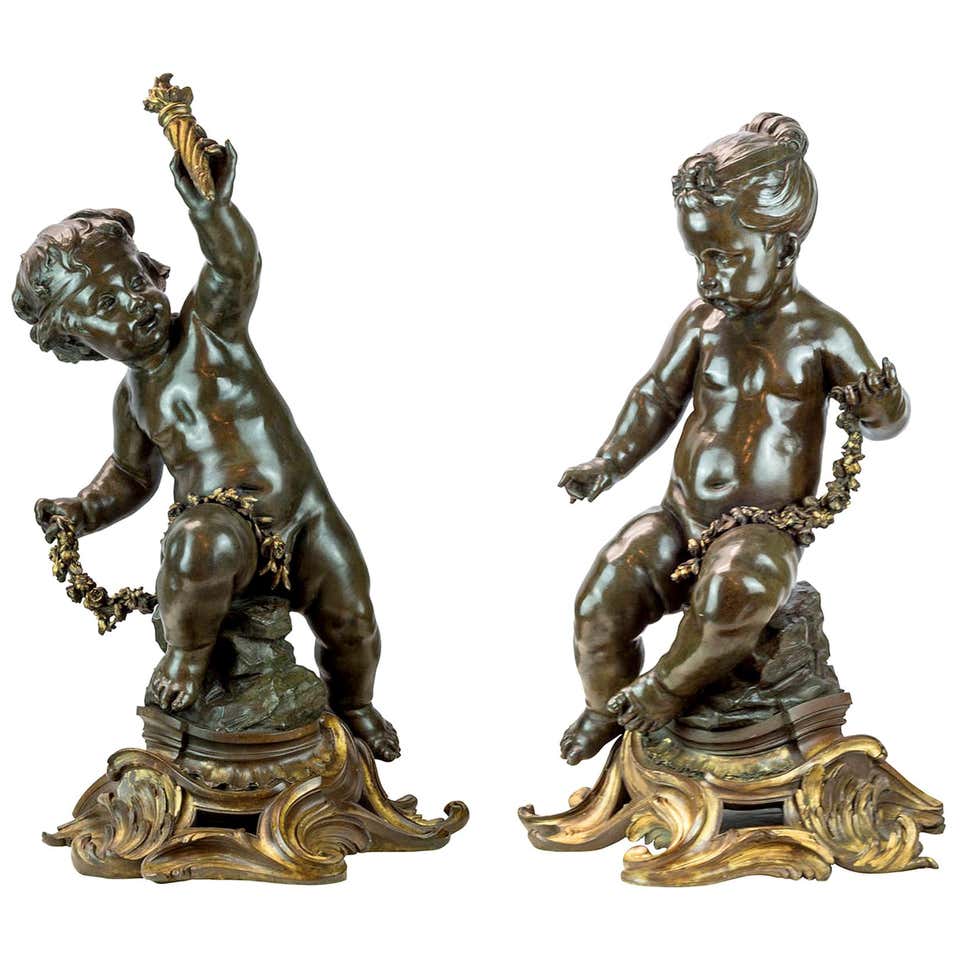Monumental Pair of 19th Century Gilt and Patinated Bronze Sculptures of Putti For Sale
