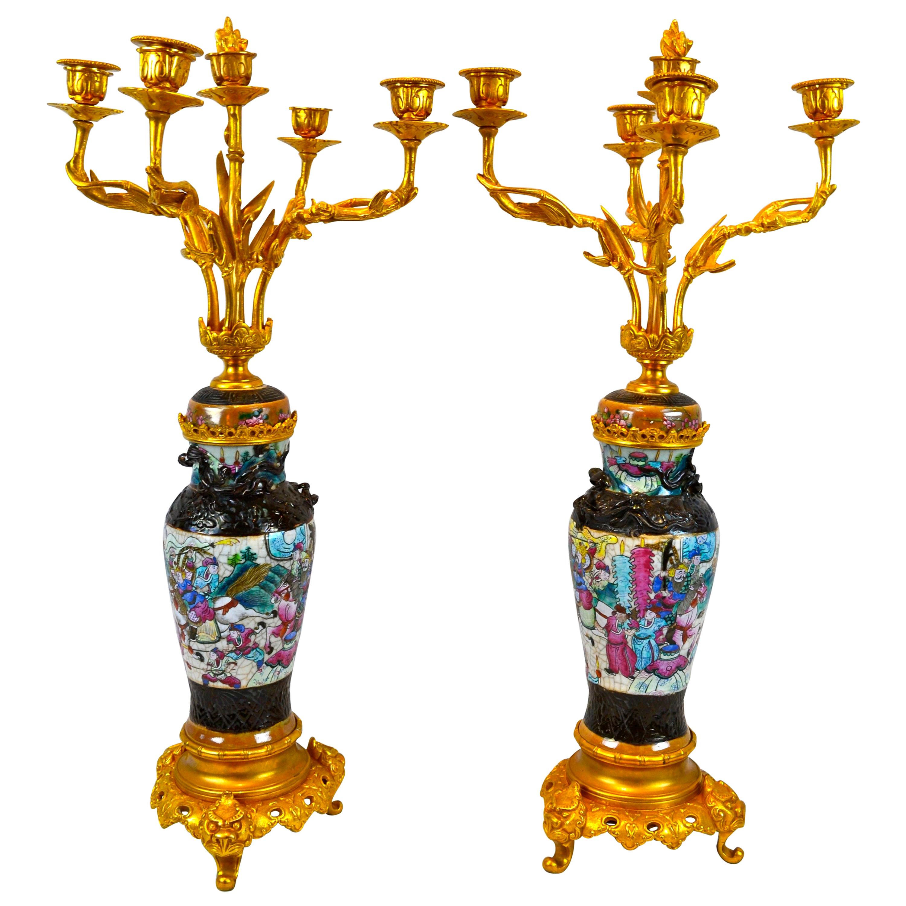 Pair of 19th Century Gilt Bronze and Chinese Nanking Porcelain Candelabra
