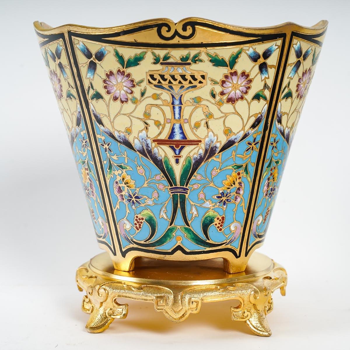 French Pair of 19th Century Gilt Bronze and Cloisonné Cups. For Sale