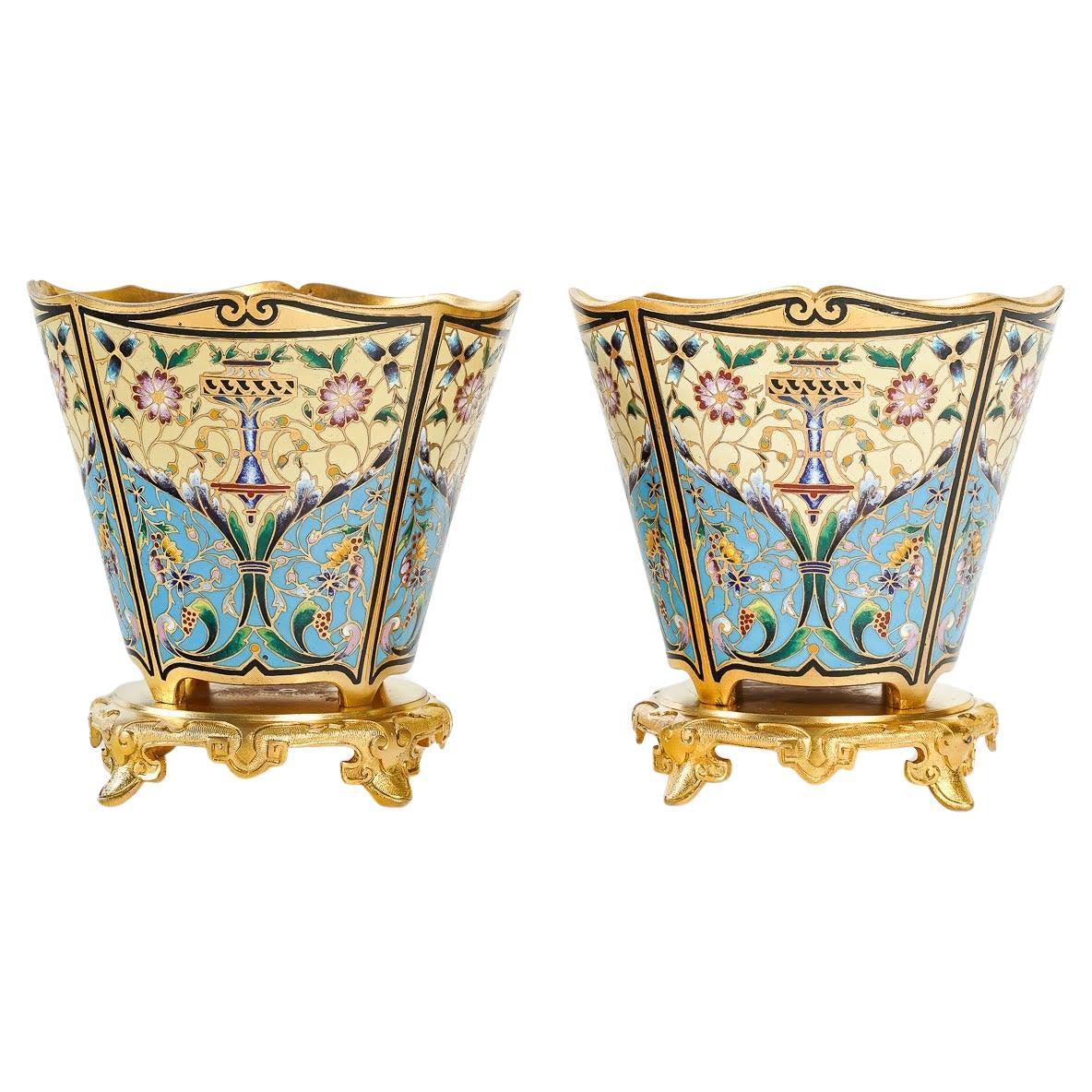 Pair of 19th Century Gilt Bronze and Cloisonné Cups. For Sale