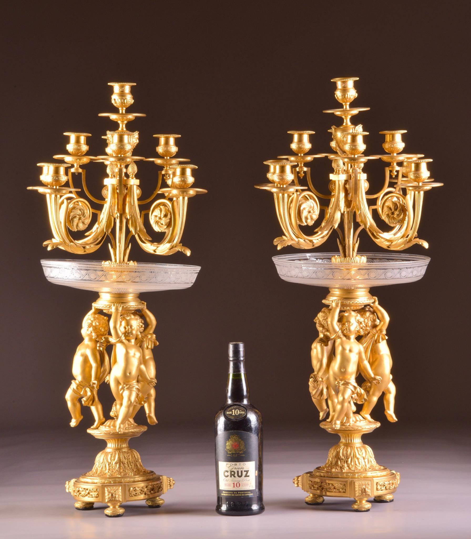 French Pair of 19th Century Gilt Bronze and Crystal, 9 Light Candelabra / Centerpieces For Sale