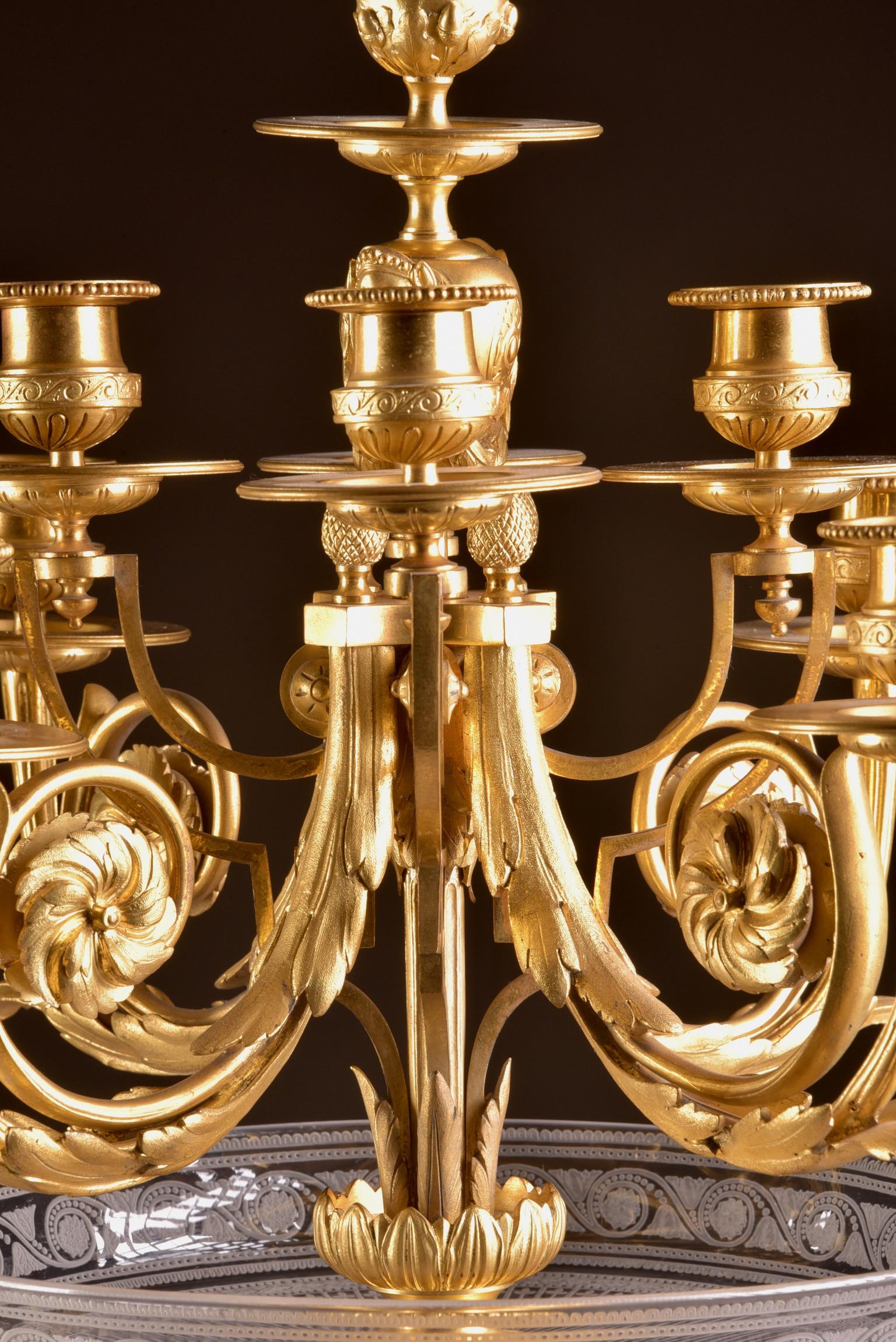 Pair of 19th Century Gilt Bronze and Crystal, 9 Light Candelabra / Centerpieces For Sale 4