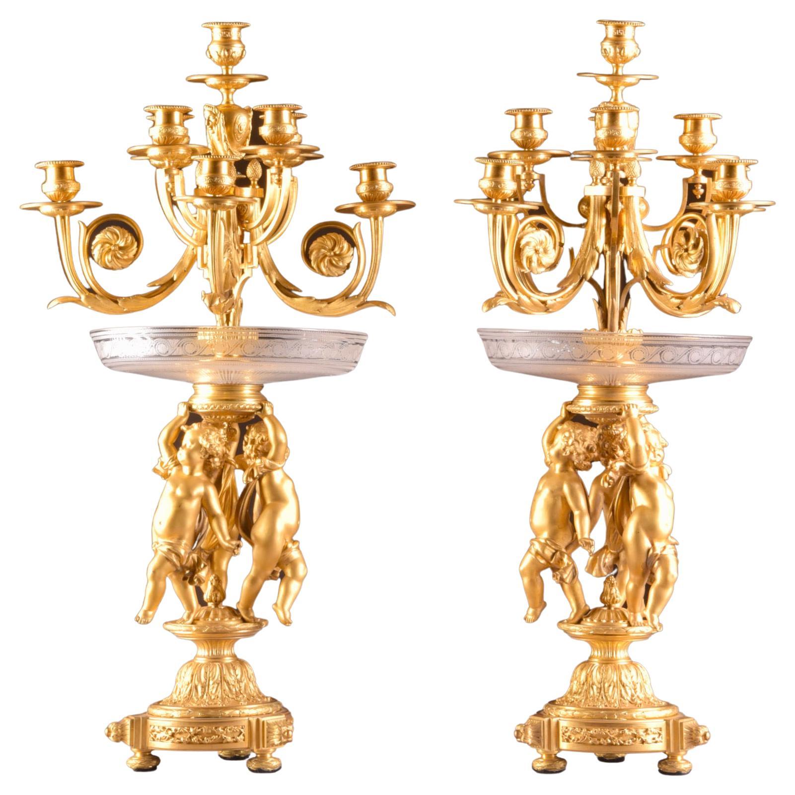 Pair of 19th Century Gilt Bronze and Crystal, 9 Light Candelabra / Centerpieces For Sale