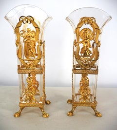 Pair of 19th Century Gilt Bronze and Crystal Vases